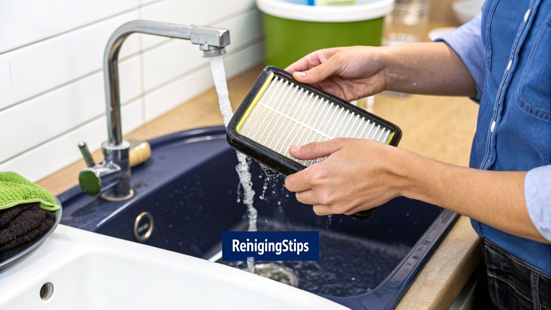 Man die een waterfilter installeert bij een waterleiding