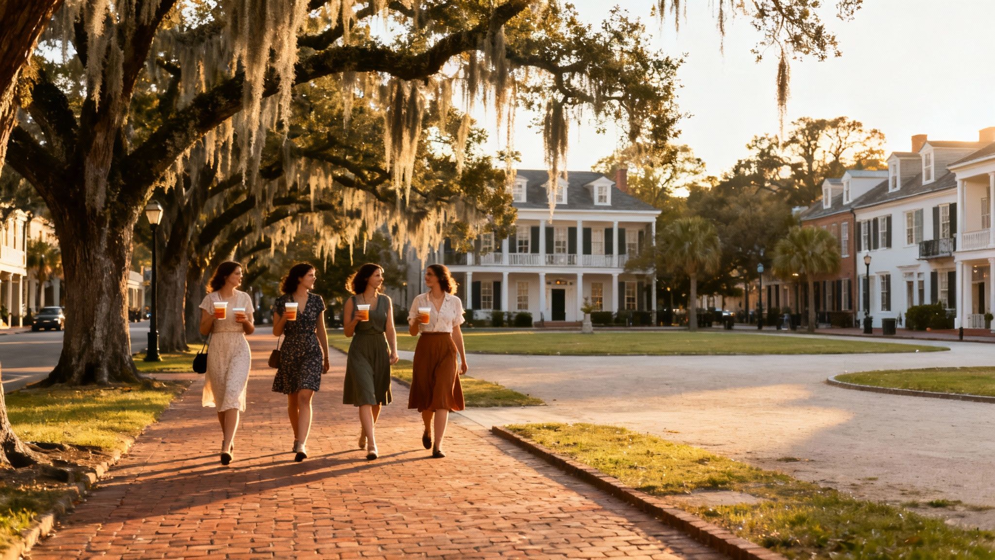 A group of friends laughing and walking through one of Savannah's historic squares with Spanish moss trees.