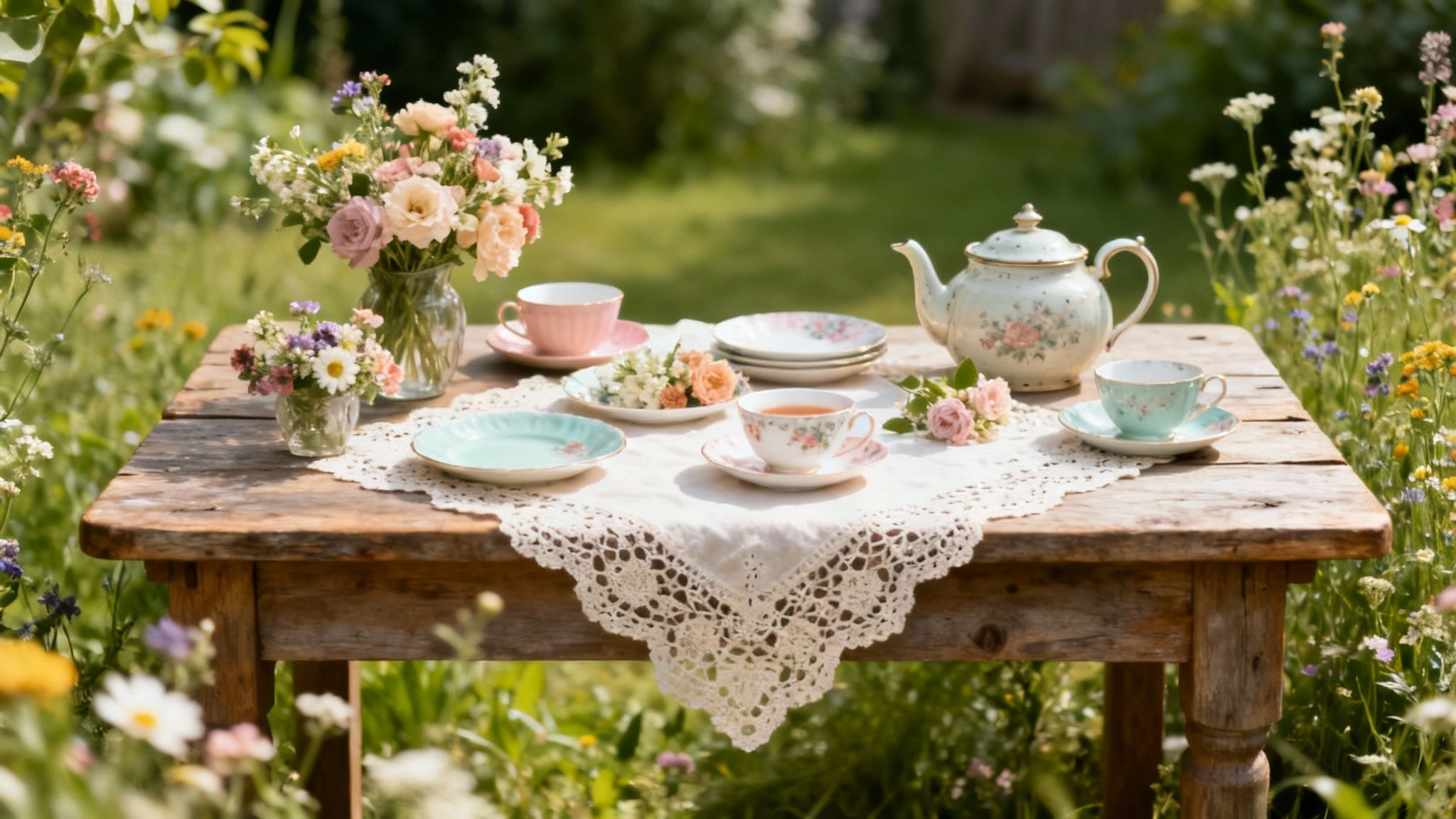A beautiful outdoor garden tea party setup with floral arrangements, vintage teacups, and tiered pastry stands on a long table.