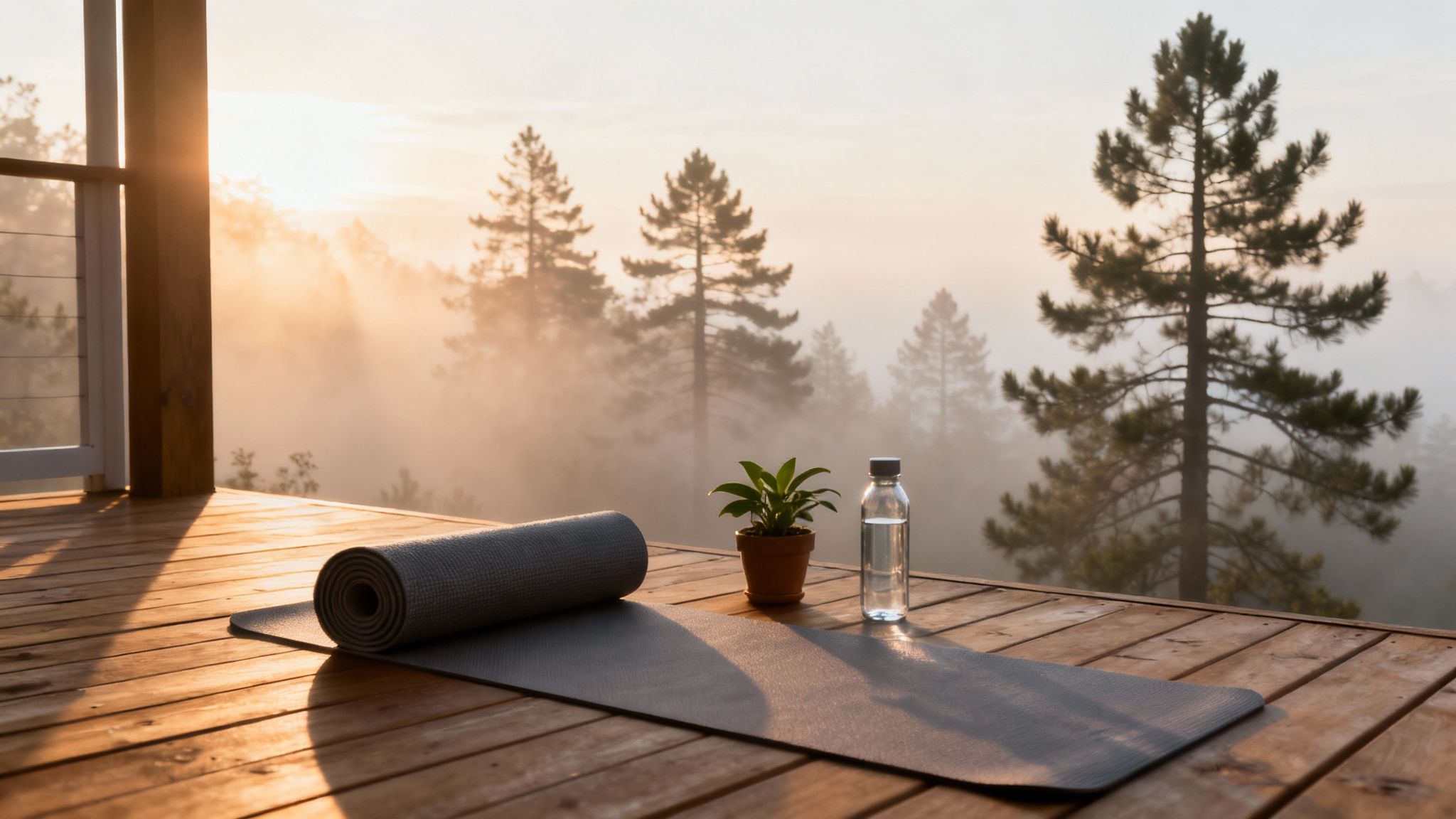 A group of friends doing yoga on a wooden deck overlooking a serene natural landscape.