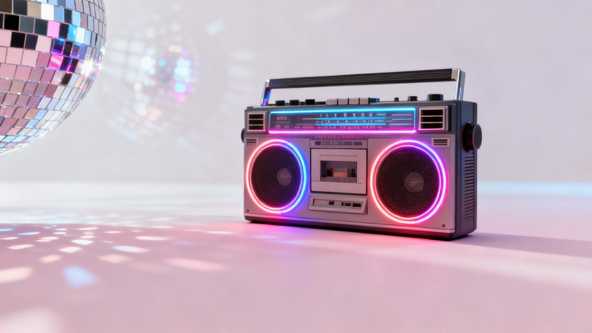 A group of women dressed in colorful 1980s-themed outfits with neon leg warmers, side ponytails, and vibrant makeup, posing for a photo.