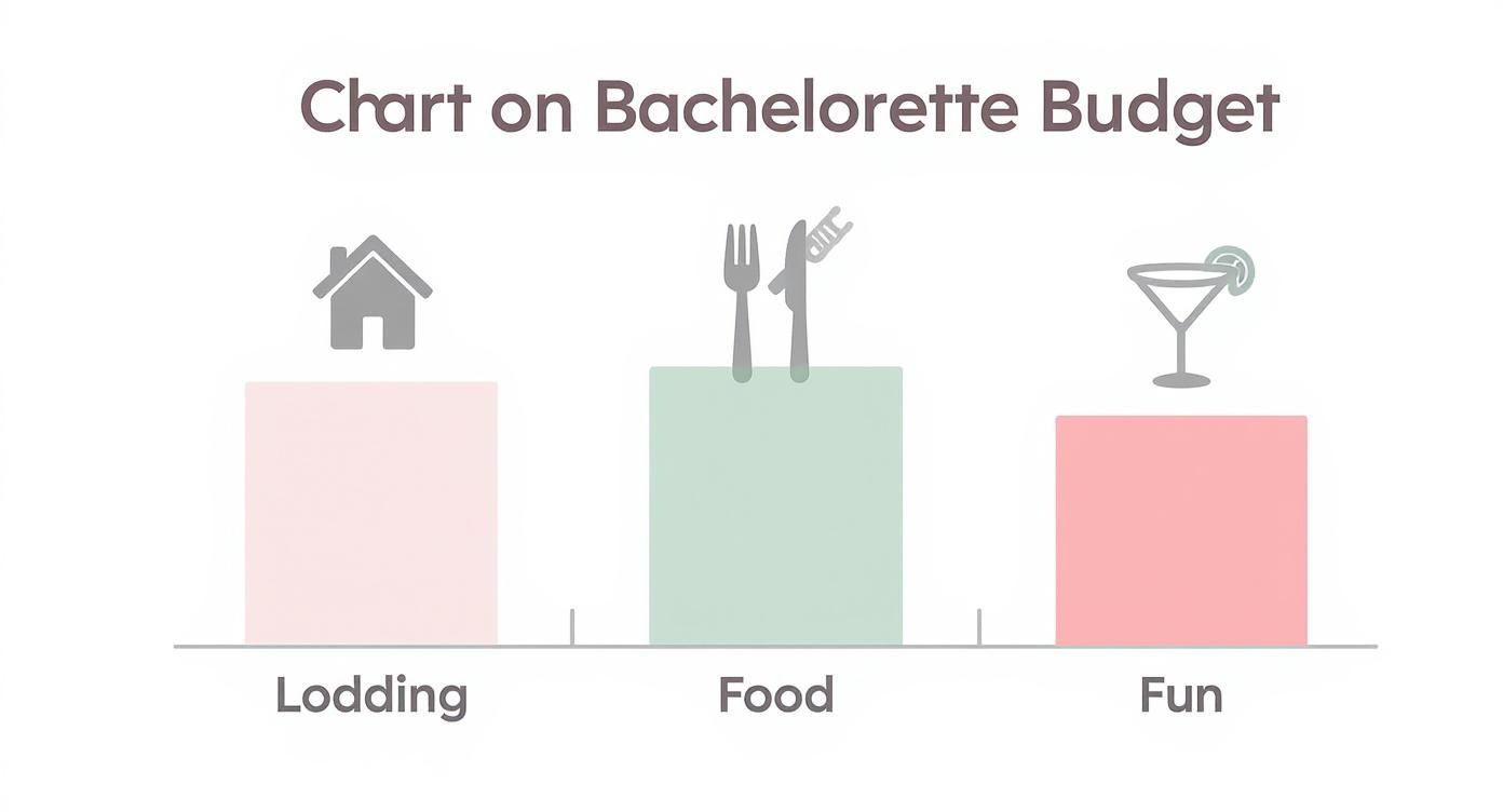 An infographic data chart showing the budget breakdown for a bachelorette party, with three vertical bars representing Lodging, Food, and Fun.