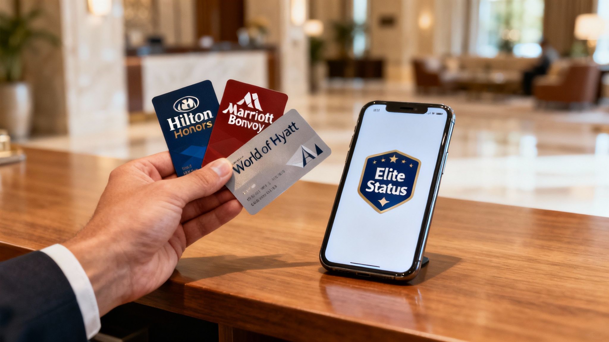 Smiling front desk agent handing a key card to a guest