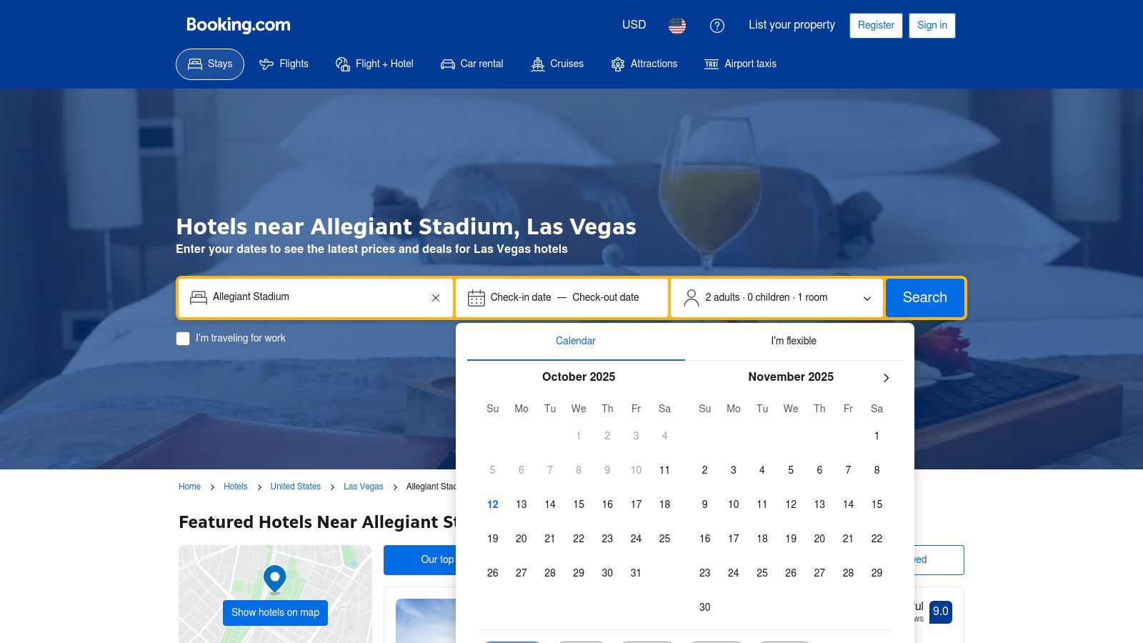 Booking.com – Allegiant Stadium landmark page