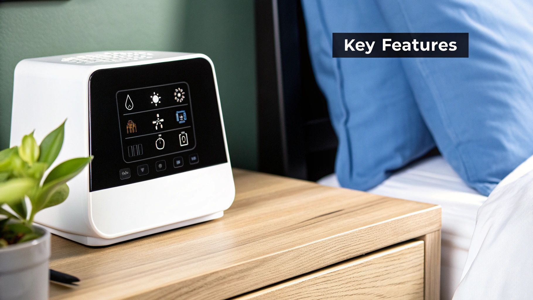 White smart humidifier with a digital display on a wooden nightstand in a bedroom.