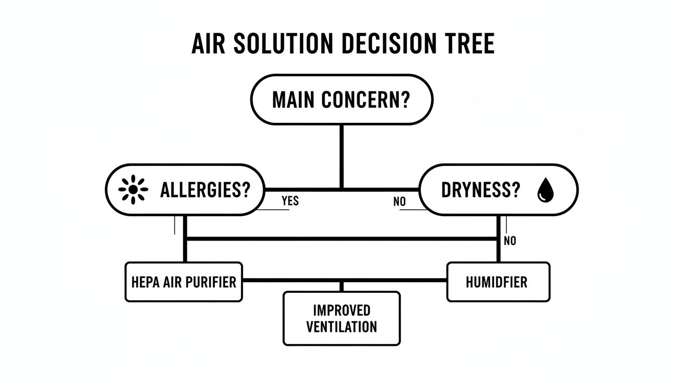 A decision tree illustrating air solution options based on concerns like allergies and dryness.