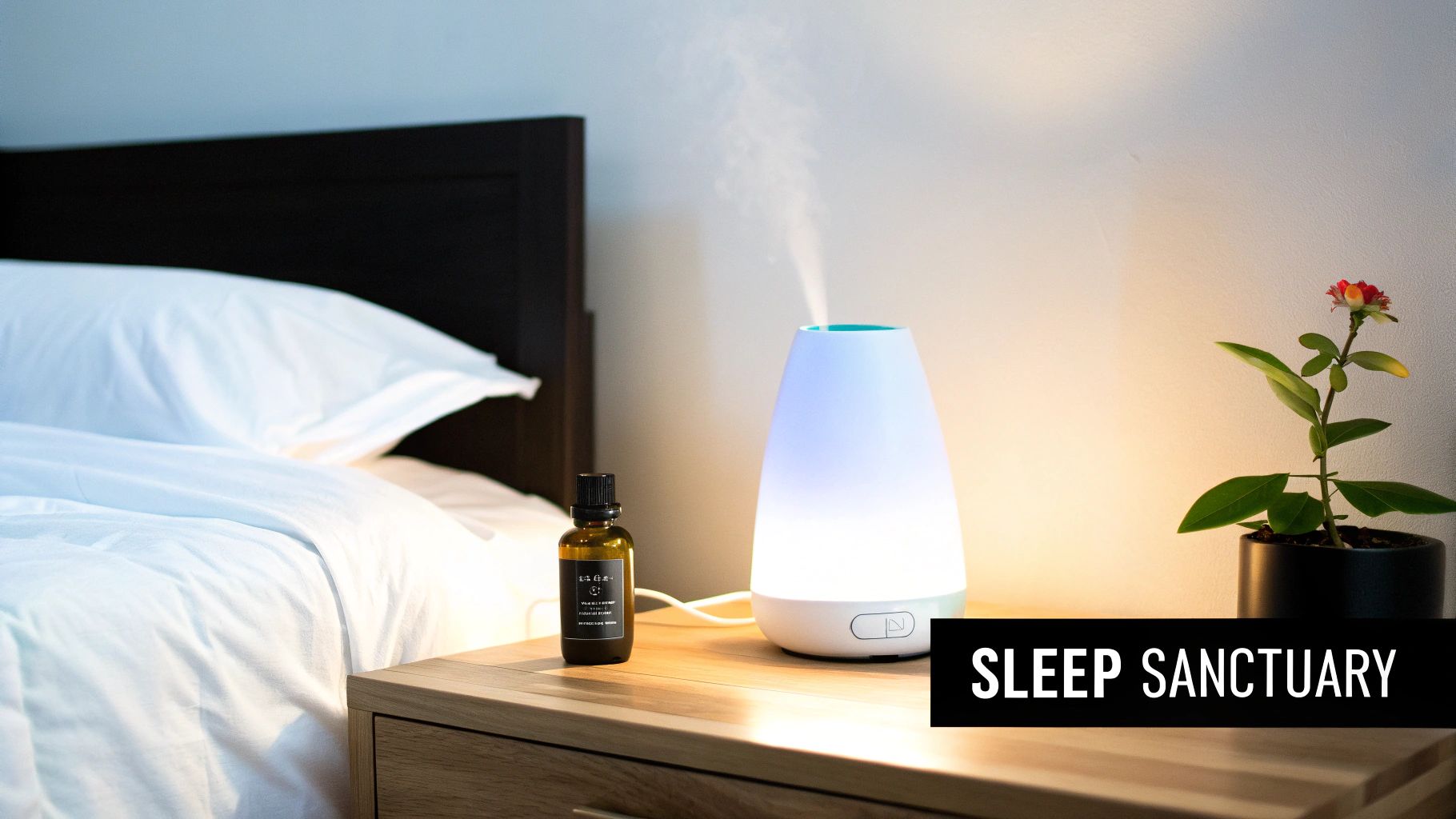 A serene bedroom scene featuring a glowing essential oil diffuser emitting mist, essential oil bottle, and a plant on a nightstand next to a bed.