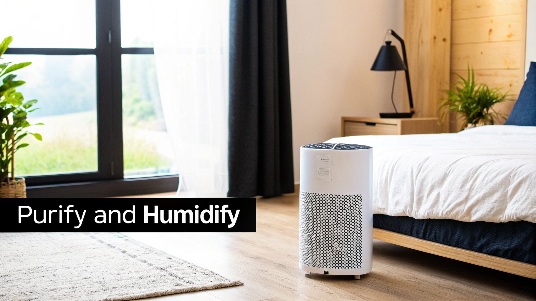 A white air purifier and humidifier stands on a wooden floor in a clean, modern bedroom next to a bed.