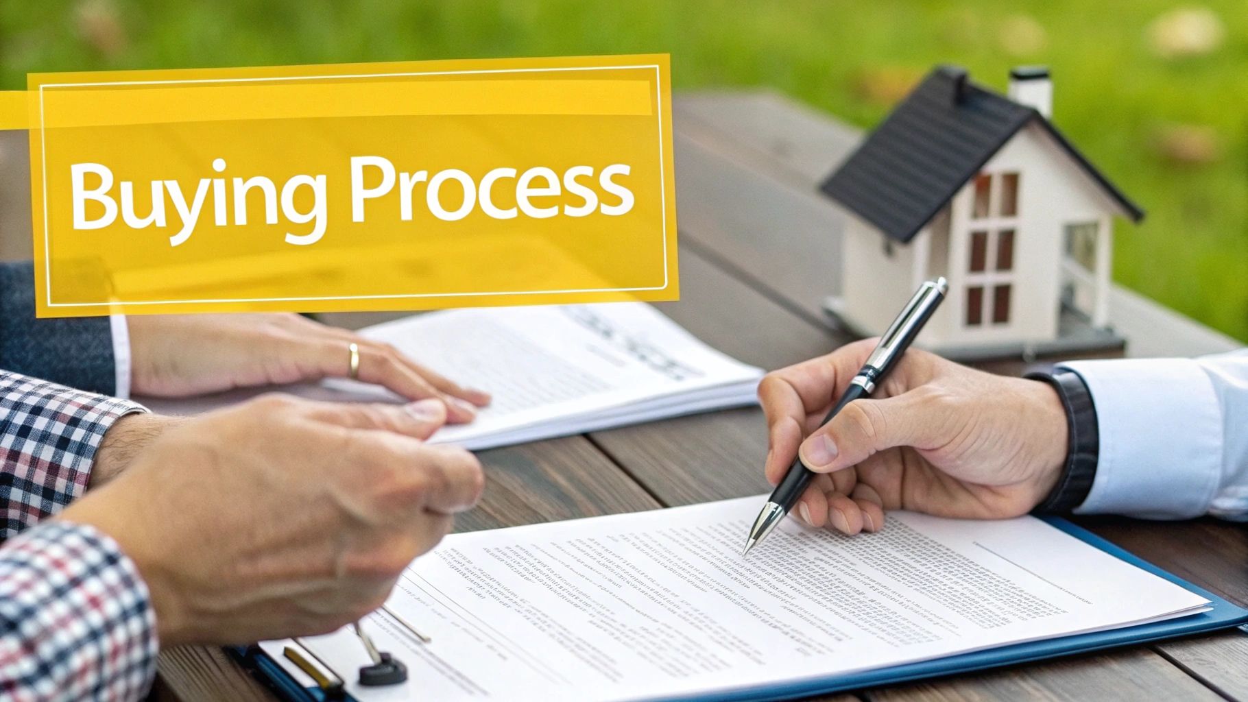 Hands signing a real estate contract, with a miniature house model, depicting the buying process.