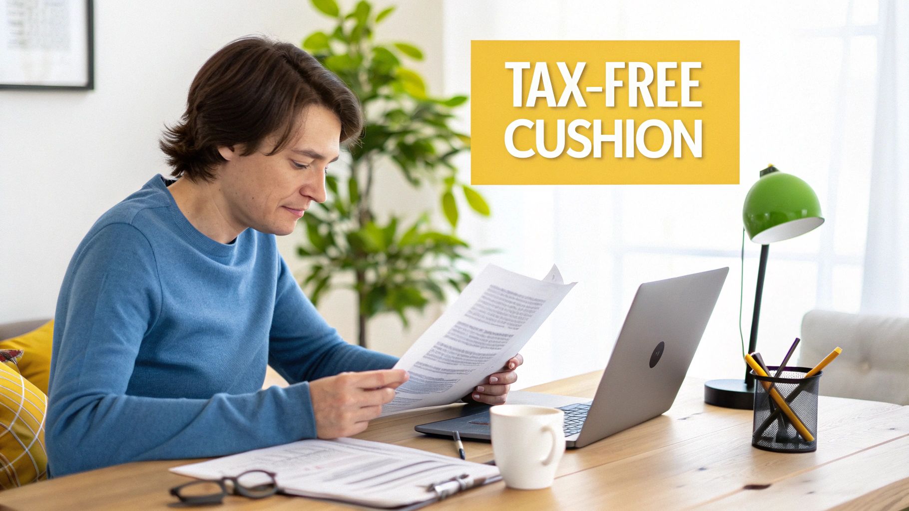 A man in a blue sweater reviews documents at a desk with a laptop and a 'Tax-Free Cushion' text.