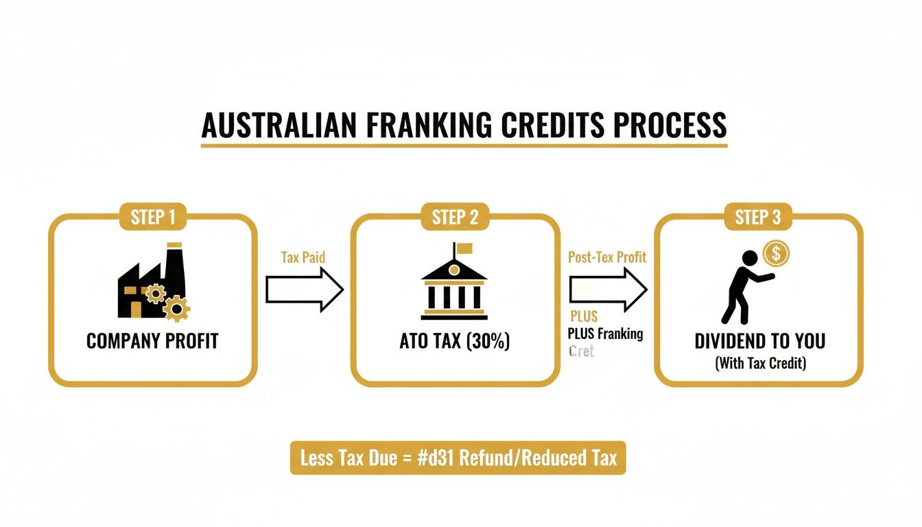 A three-step diagram illustrating the Australian franking credits tax process for dividends.