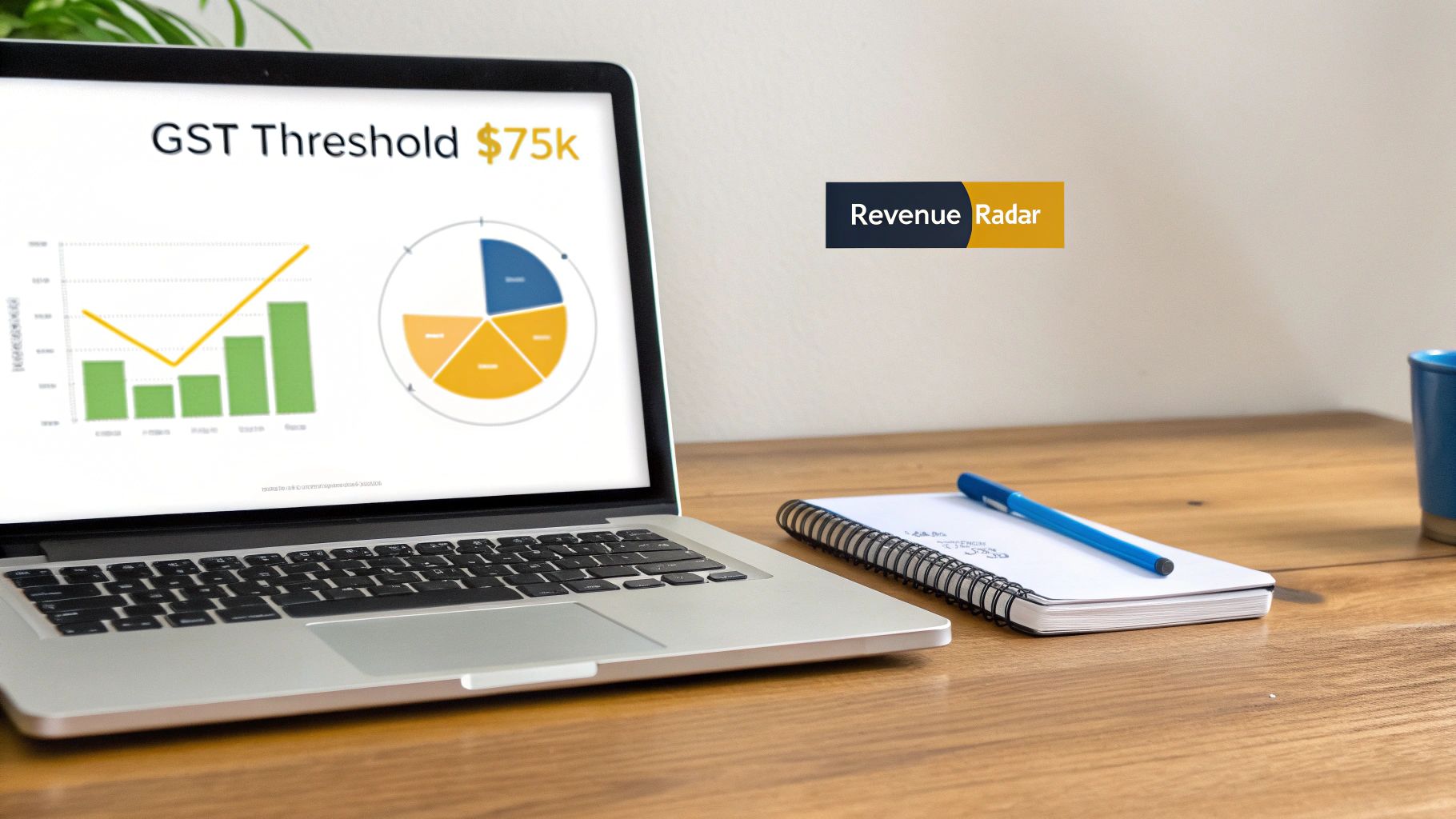 A laptop displays GST Threshold data and charts, next to a notebook, pen, and a 'Revenue Radar' logo.