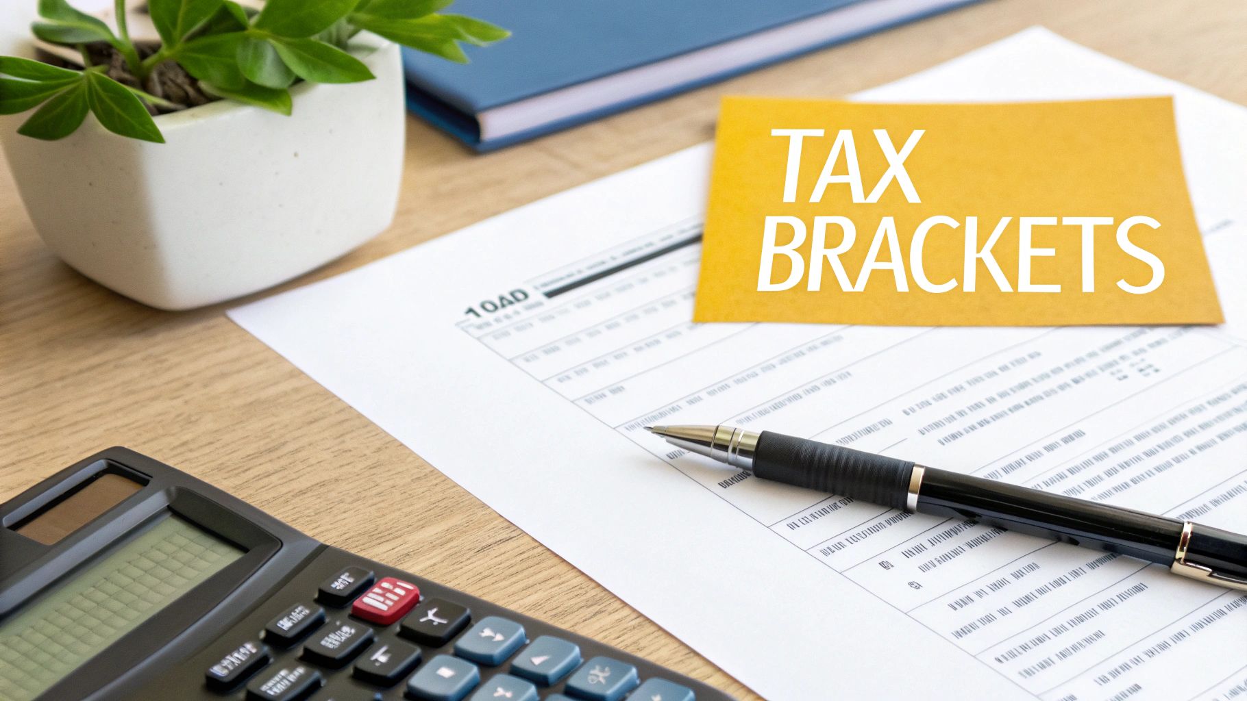 A desk with a plant, calculator, tax forms, pen, and a yellow note reading 'TAX BRACKETS'.