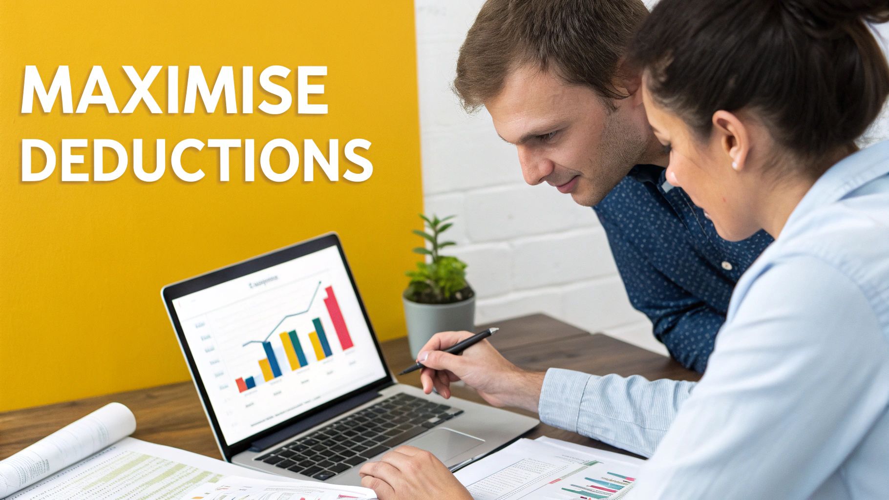 Two people analyzing financial data on a laptop and documents with 'MAXIMISE DEDUCTIONS' text.