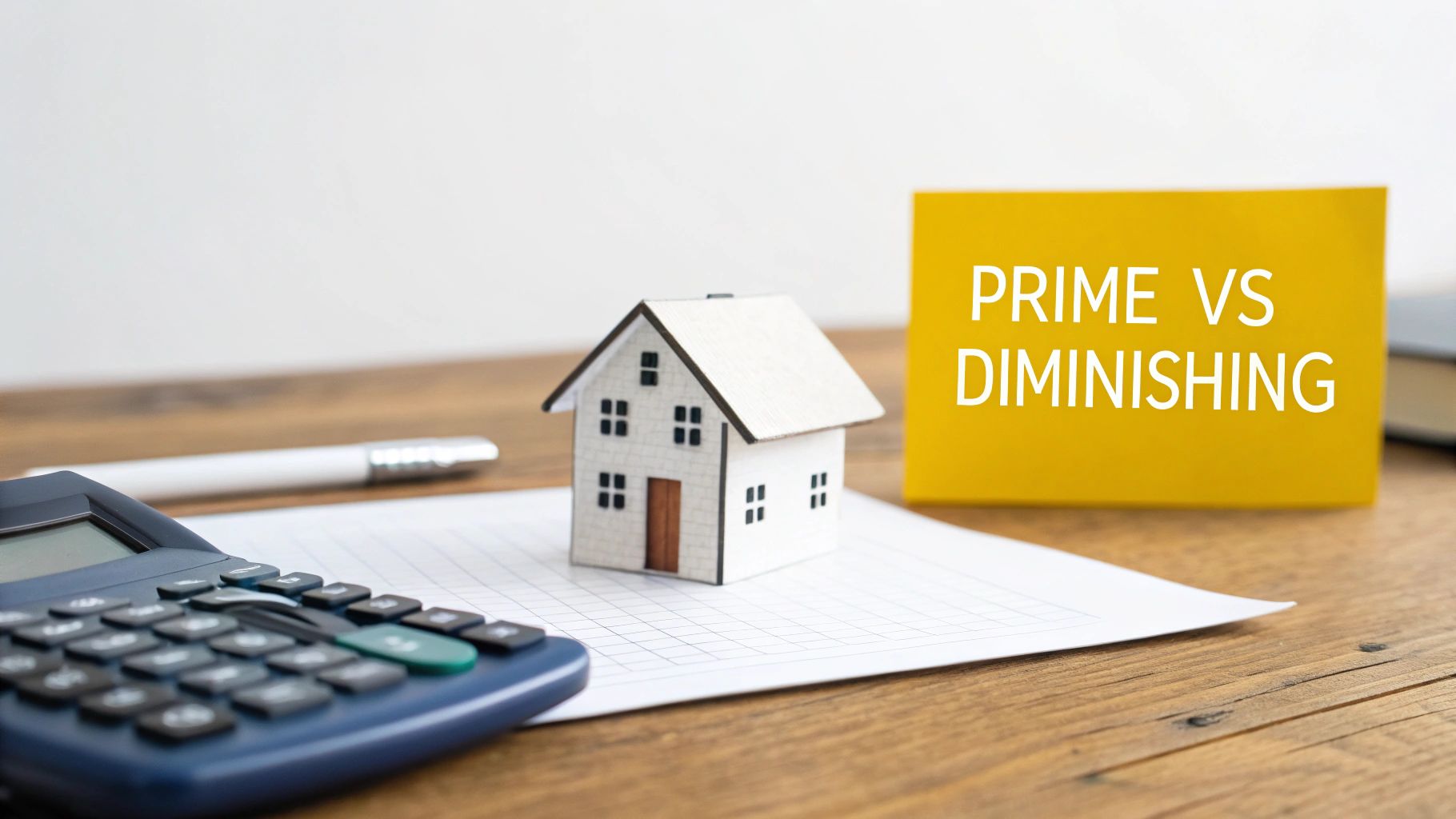 A miniature house model, calculator, and pen on a desk next to a yellow 'PRIME VS DIMINISHING' note.