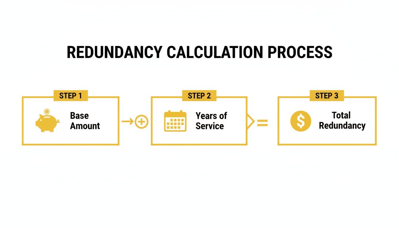Flowchart illustrating the redundancy calculation process, detailing base amount, years of service, and total redundancy.