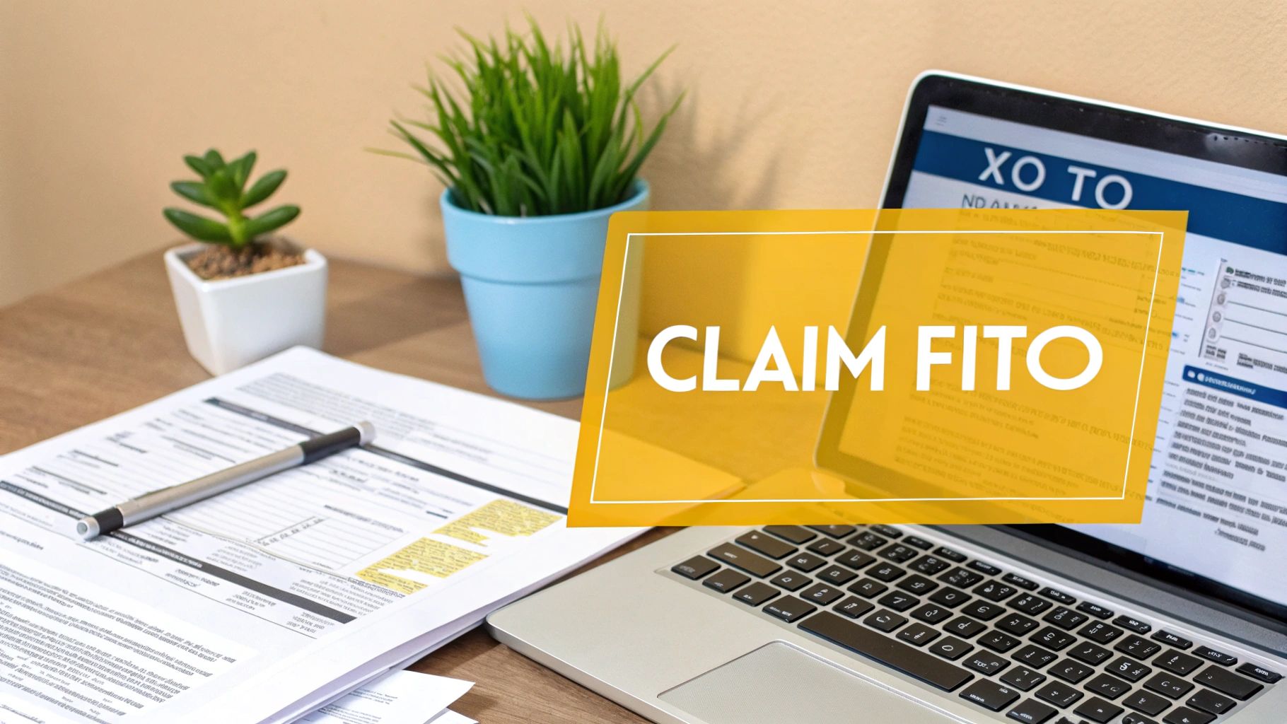 A desk setup with a laptop displaying a form and documents, with a 'CLAIM FITO' overlay.