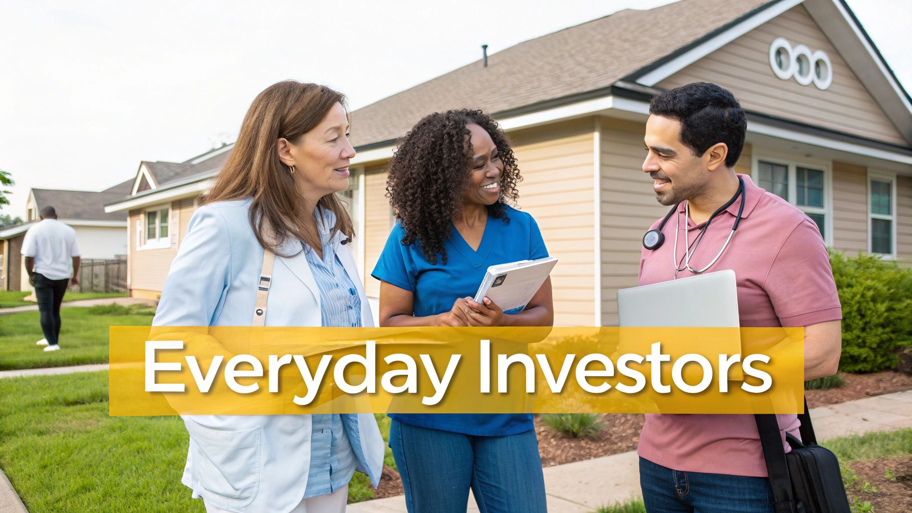 Diverse professionals, including healthcare workers, discussing property investment in a residential neighborhood.