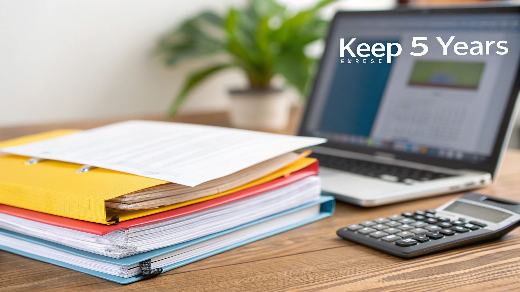 A desk with a stack of colorful folders, a document, a calculator, and a laptop displaying 'Keep 5 Years' text.