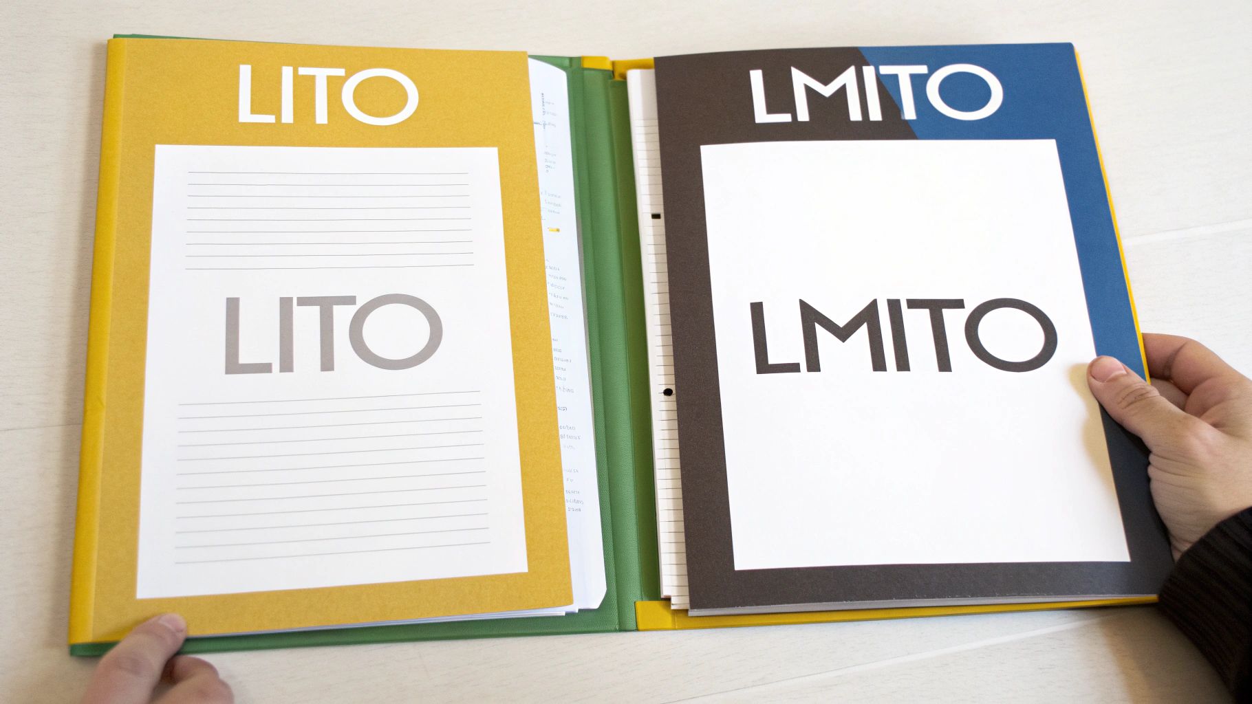 A person holds an open binder showing two pages with 'LITO' and 'LMITO' text.
