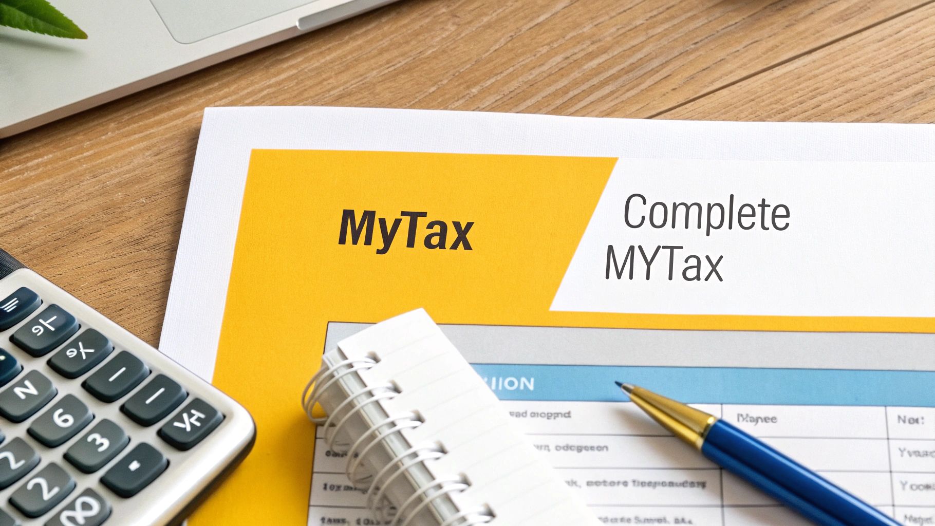 A close-up of a "MyTax" document, calculator, pen, and notebook on a wooden desk, symbolizing tax preparation.