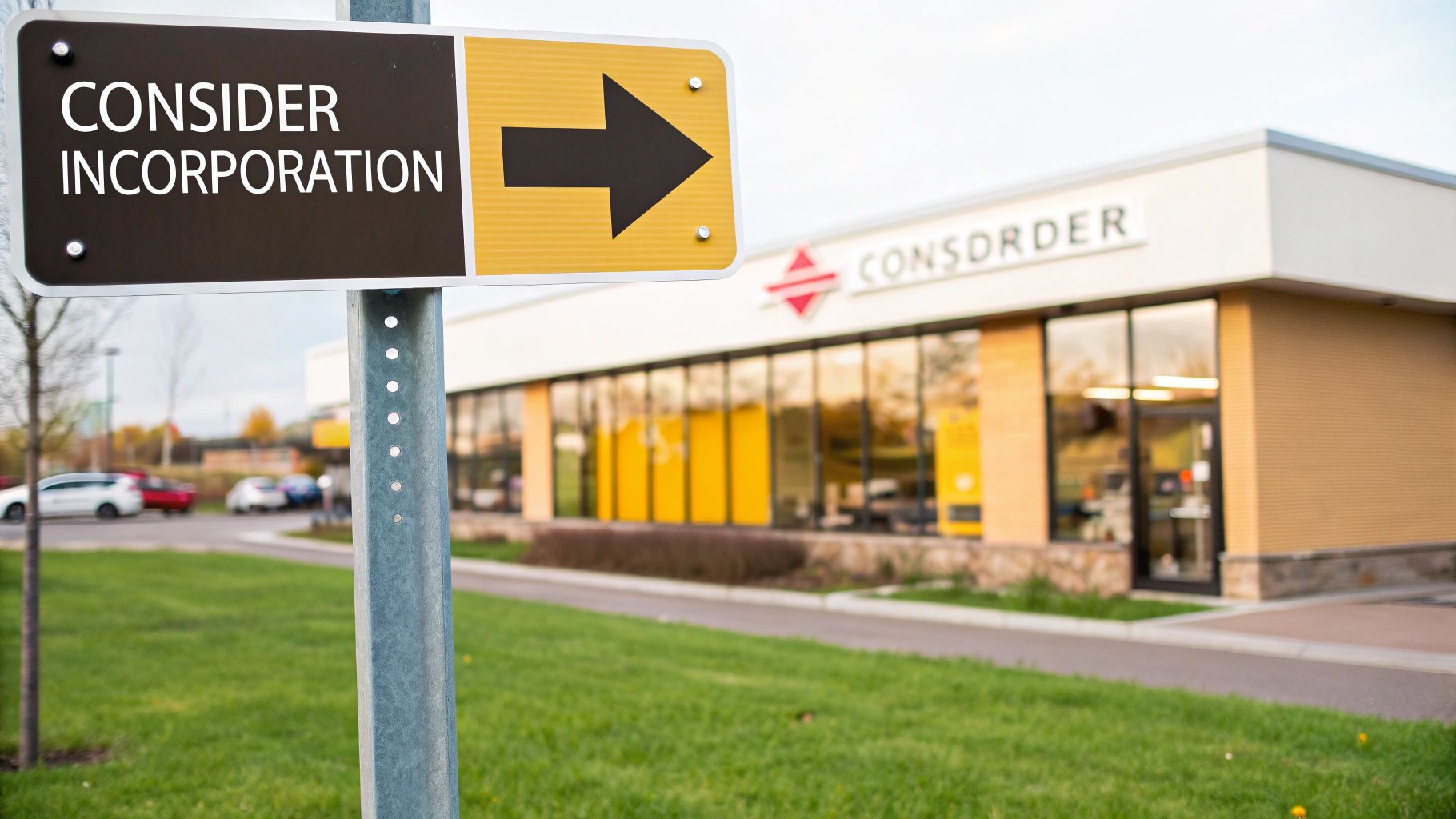 A road sign with 'CONSIDER INCORPORATION' and an arrow points towards a commercial building.