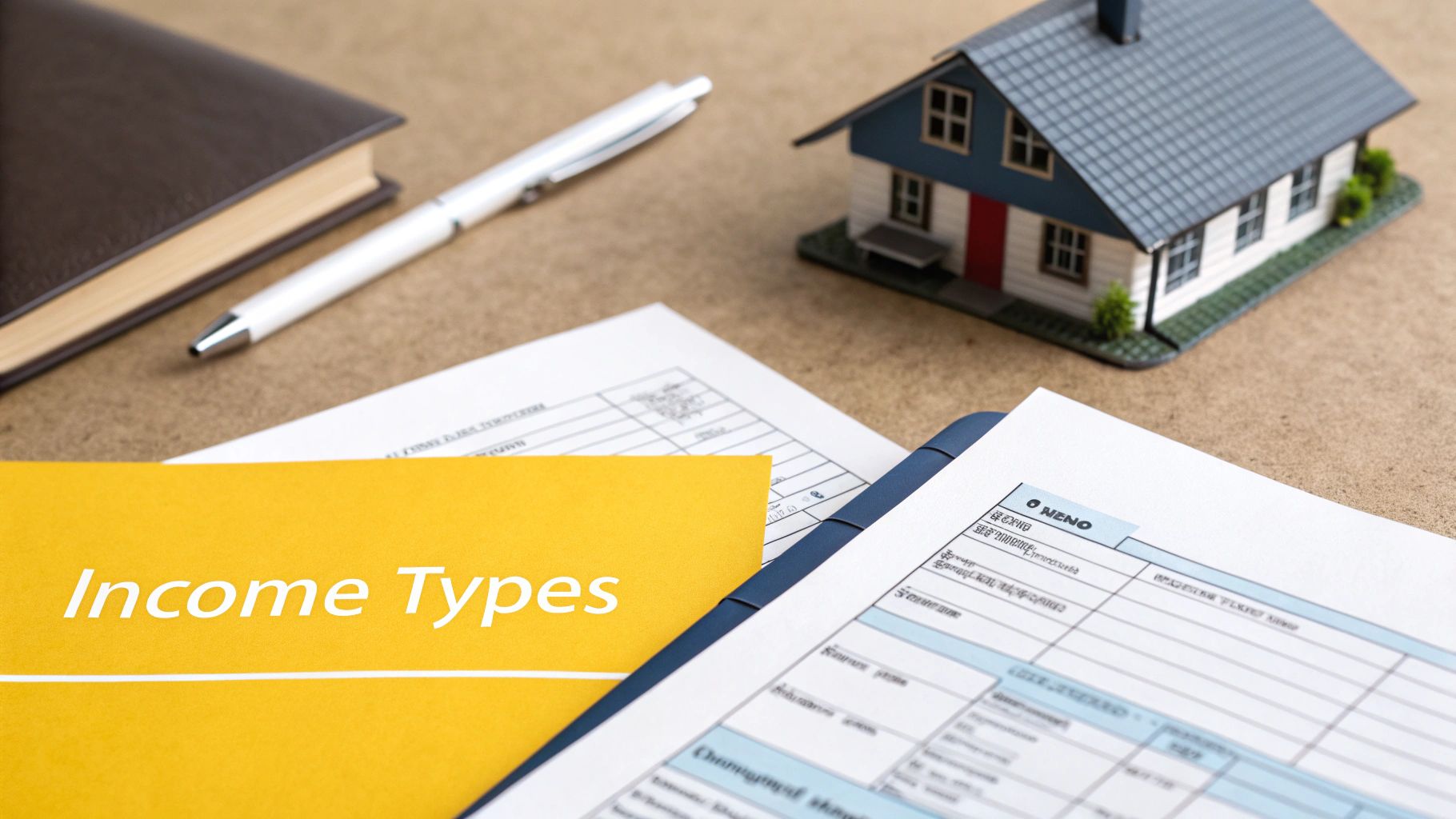 Financial documents, a pen, a book, and a house model on a desk, with 'Income Types' visible.