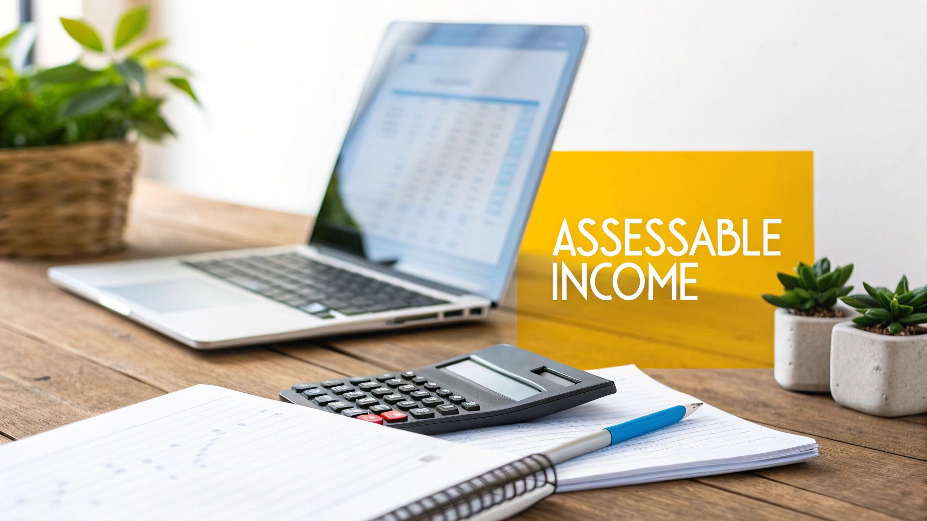 A desk with a laptop, calculator, notebook, pen, and a yellow sign saying 'ASSESSABLE INCOME'.