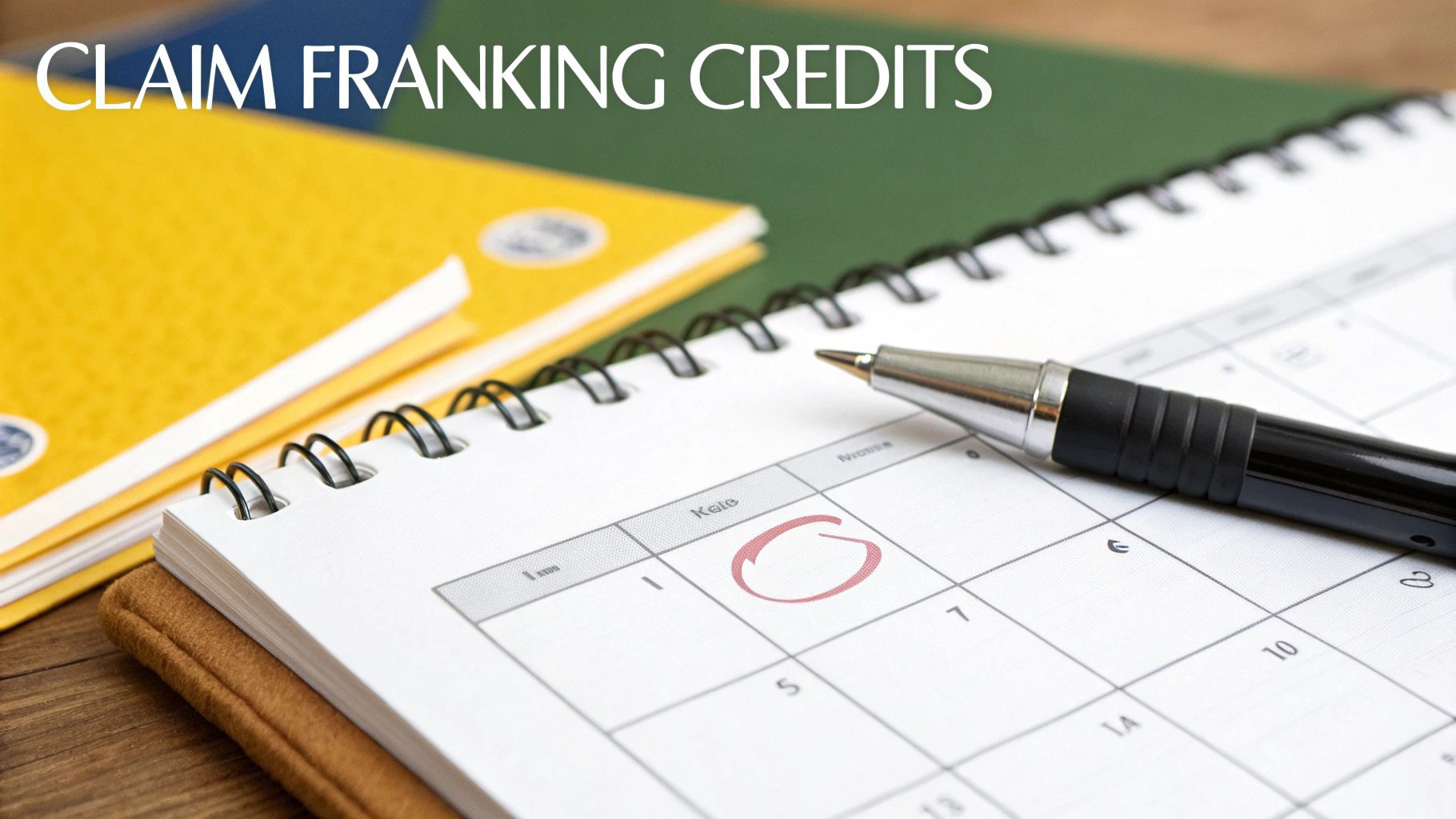 A pen rests on a calendar with the number '1' circled in red, highlighting a date for claiming franking credits.