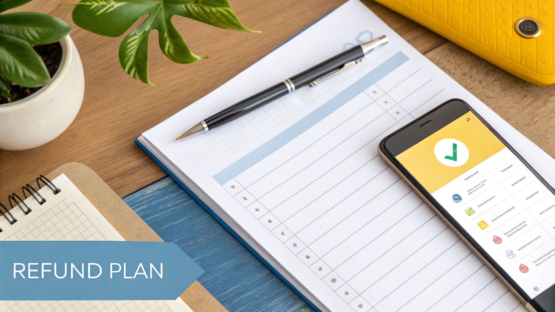 Desk view with 'Refund Plan' document, pen, smartphone displaying a checkmark, and plant.