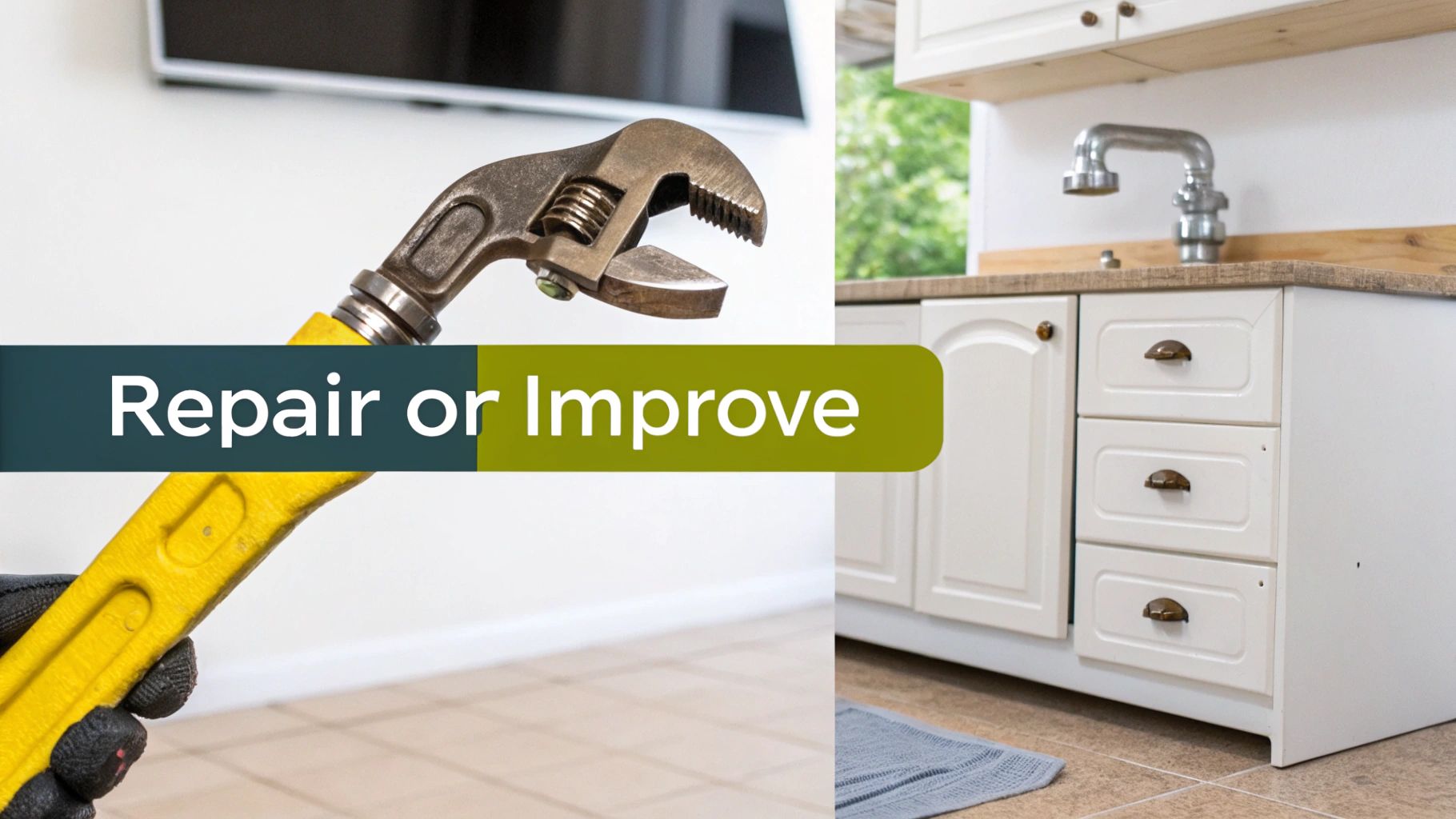 A person holding a large wrench next to a modern kitchen cabinet with a sink, illustrating home repair or improvement.