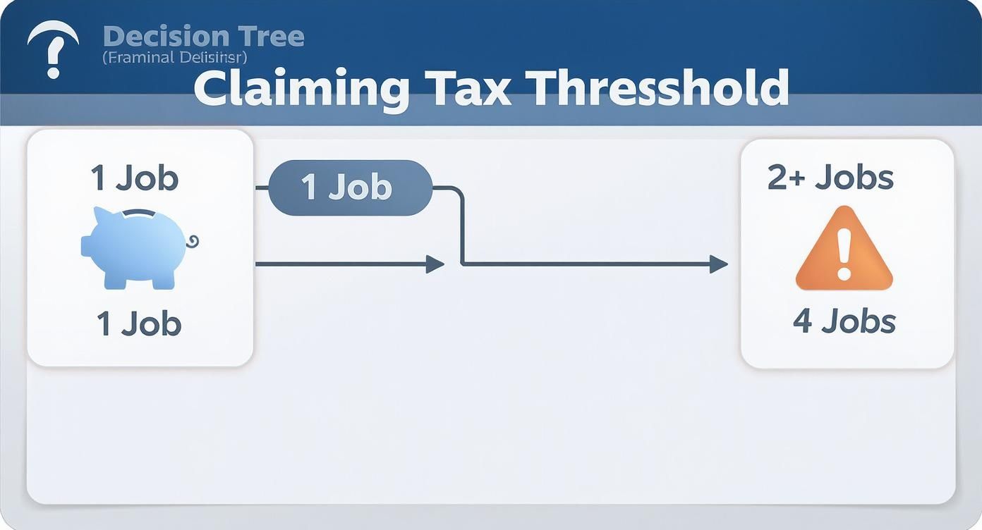 Infographic decision tree explaining whether to claim the tax free threshold with one job versus multiple jobs.