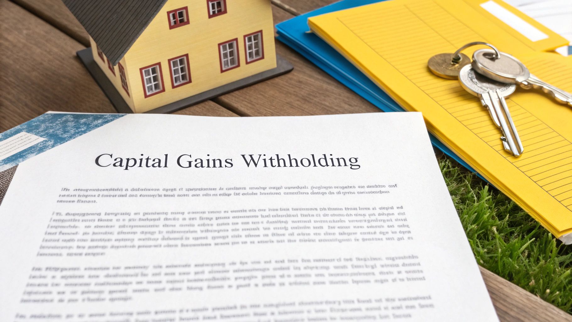 A document titled 'Capital Gains Withholding' next to a model house, keys, and folders, symbolizing property tax.