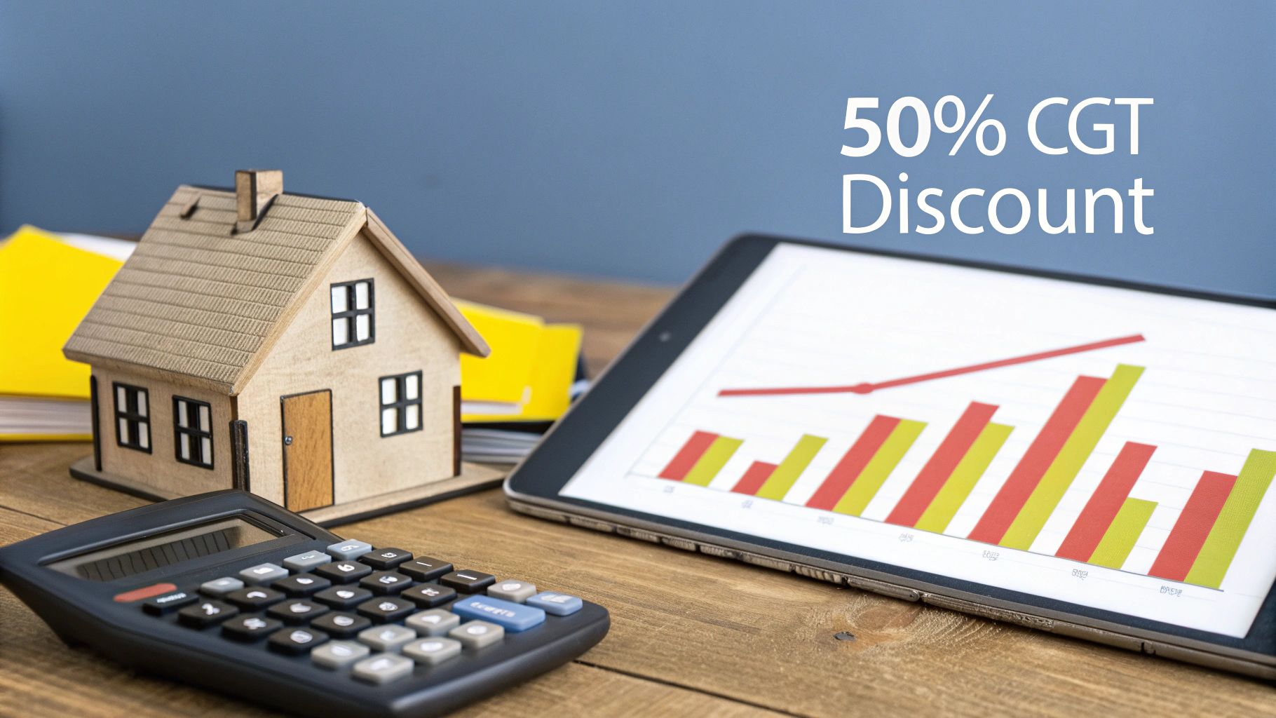 Miniature house, calculator, and tablet with a bar graph, promoting a 50% CGT Discount on a wooden desk.