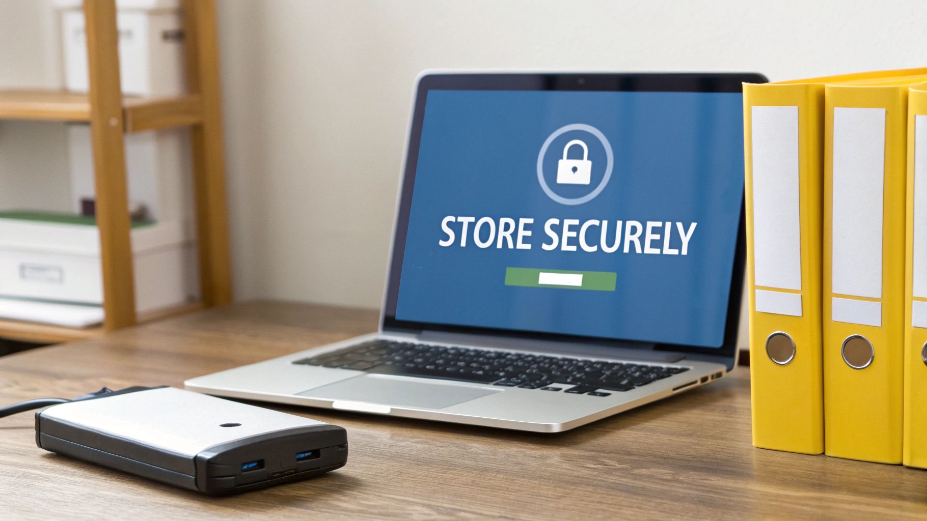 A laptop displaying "STORE SECURELY" with a padlock, an external hard drive, and yellow binders on a desk.