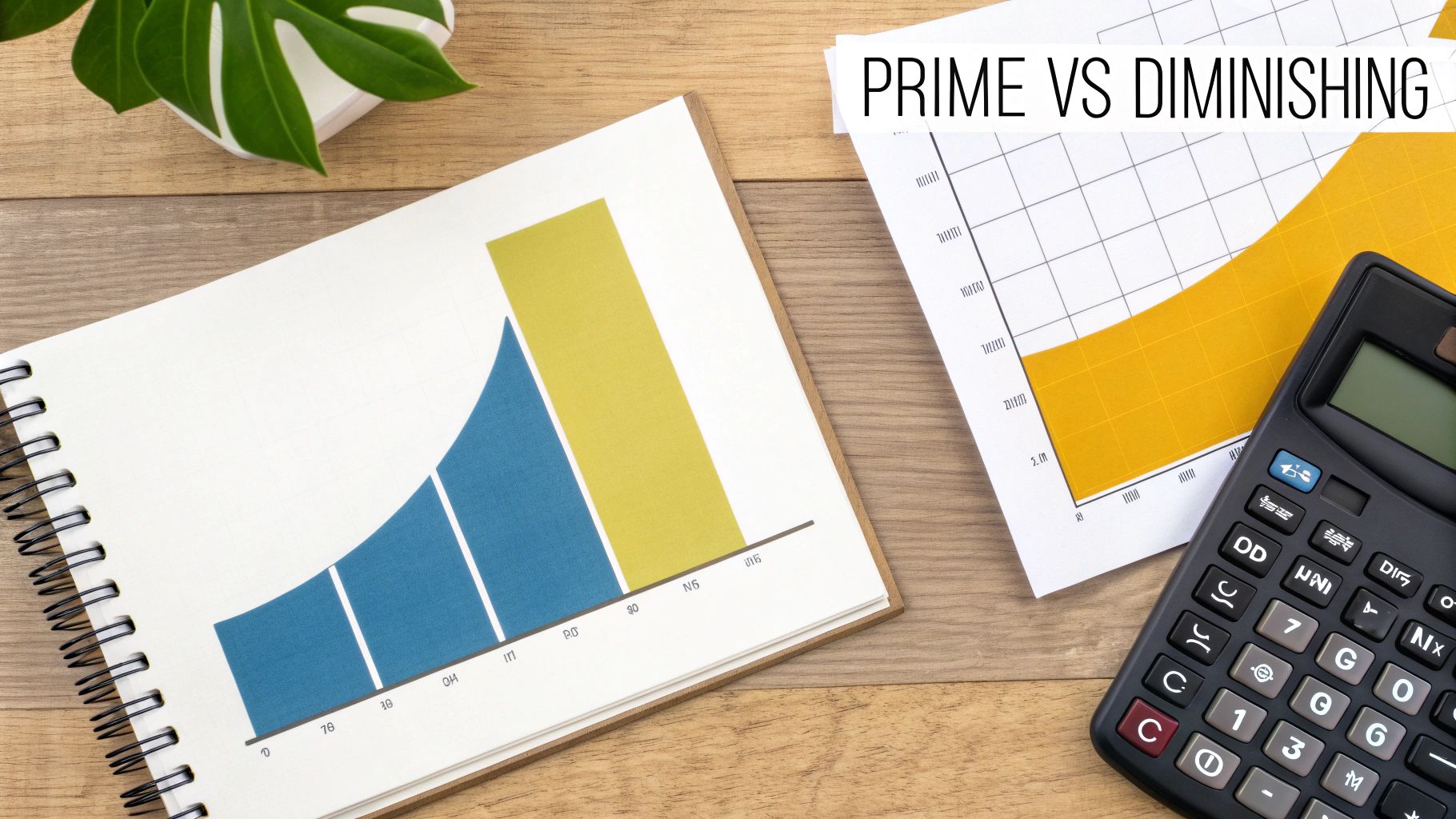 Business chart comparing prime versus diminishing depreciation methods with calculator and financial documents on desk