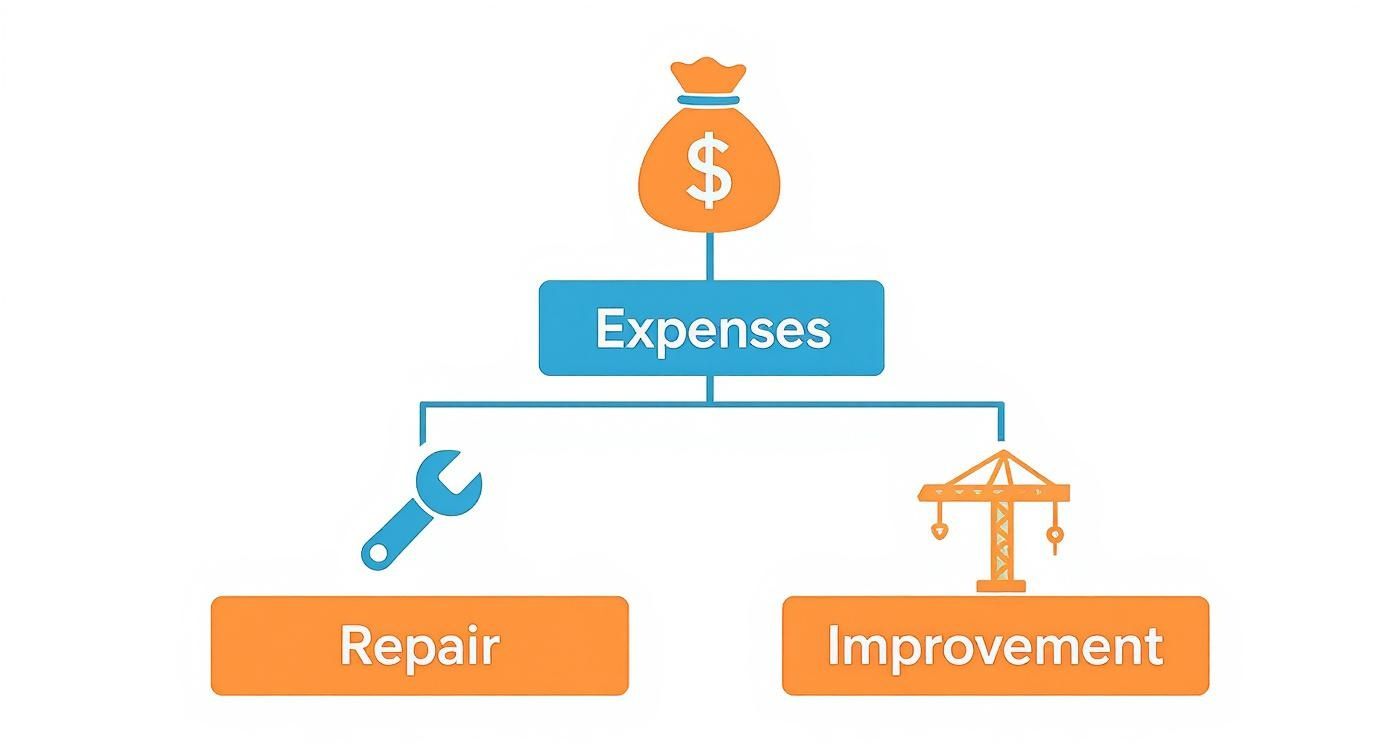 An infographic showing the hierarchy of property expenses, with 'Expenses' at the top branching down to 'Repair' and 'Improvement'.