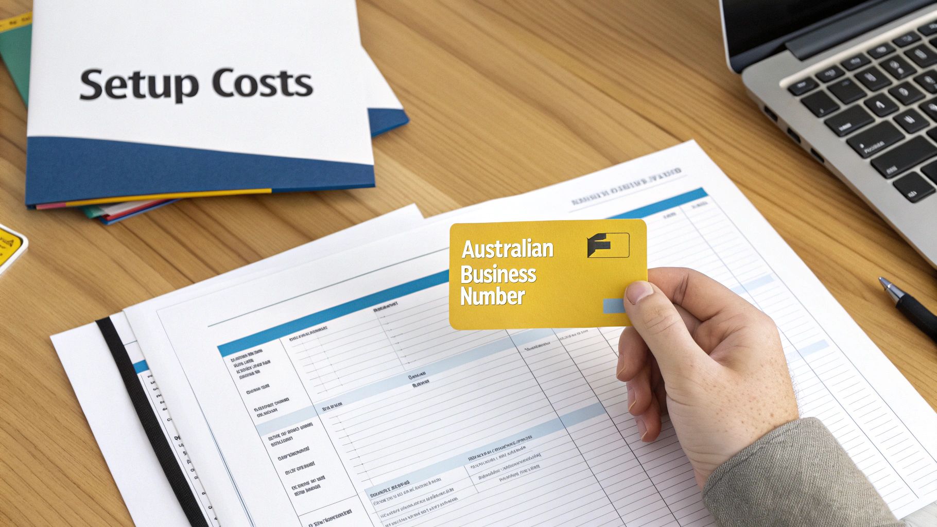 A person holds an Australian Business Number card near 'Setup Costs' documents and a laptop on a desk.