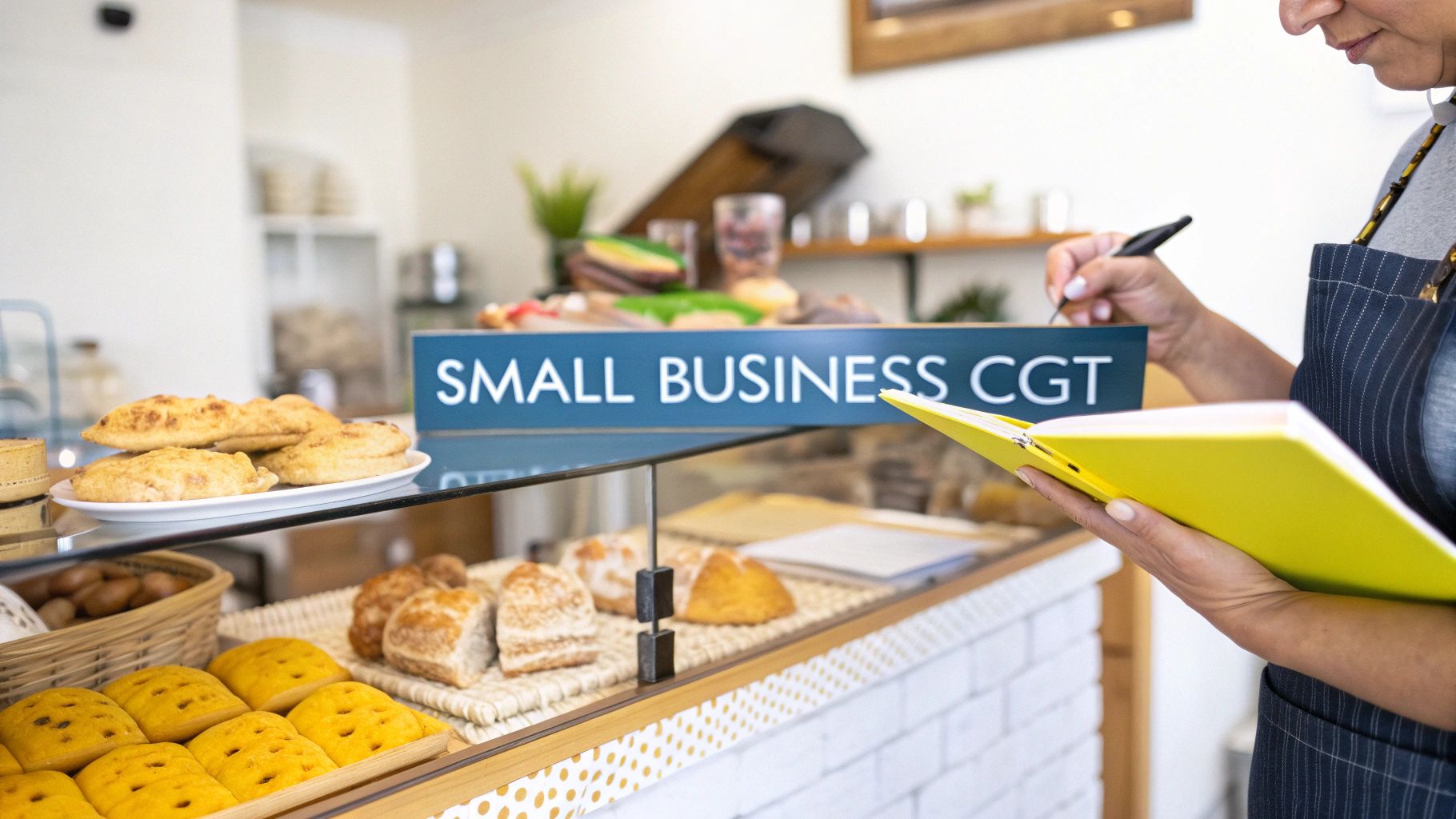 A small bakery owner standing proudly in front of their shop, representing a small business asset.