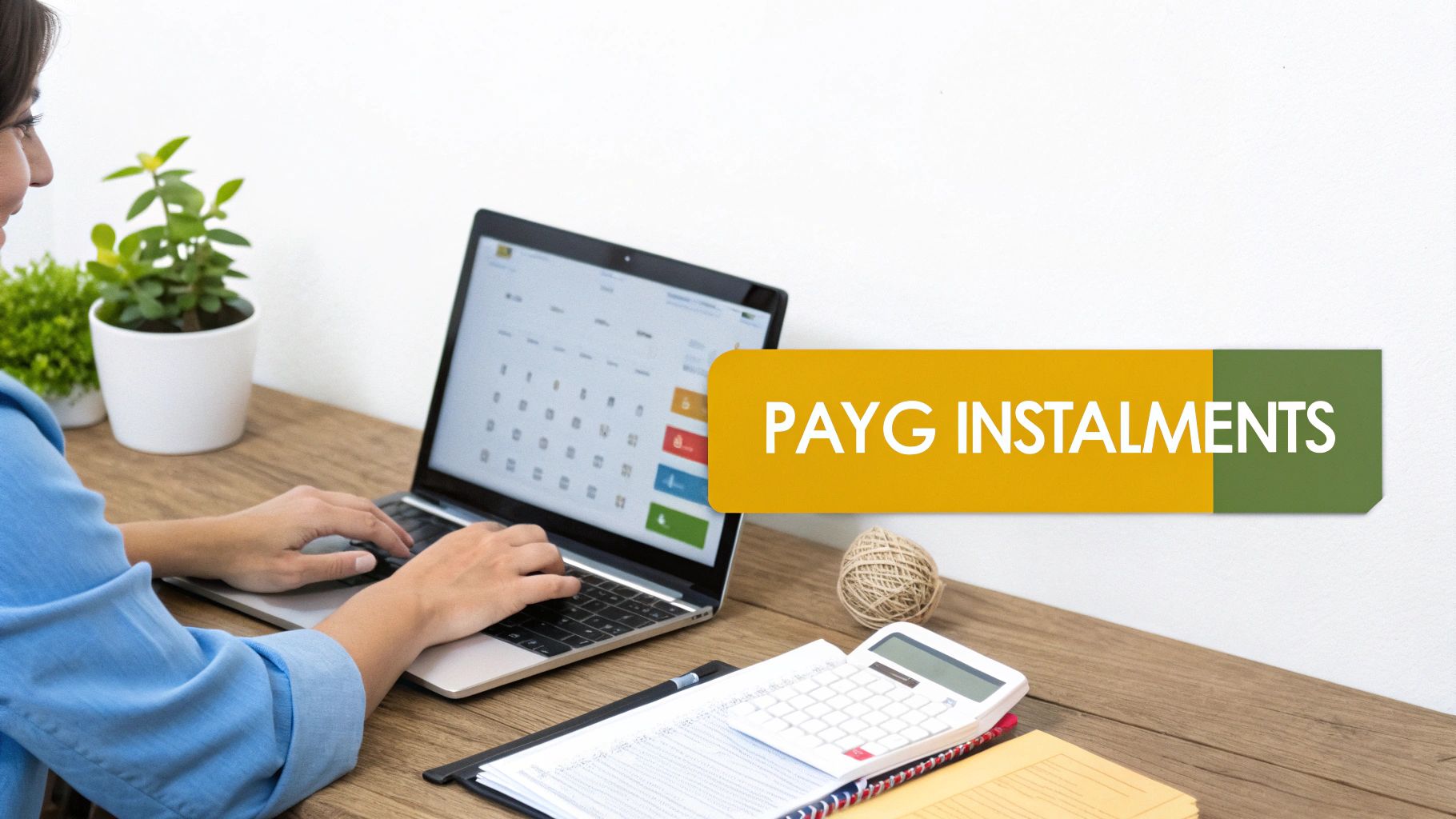 Person working on laptop reviewing PAYG instalments calendar with calculator and documents on desk
