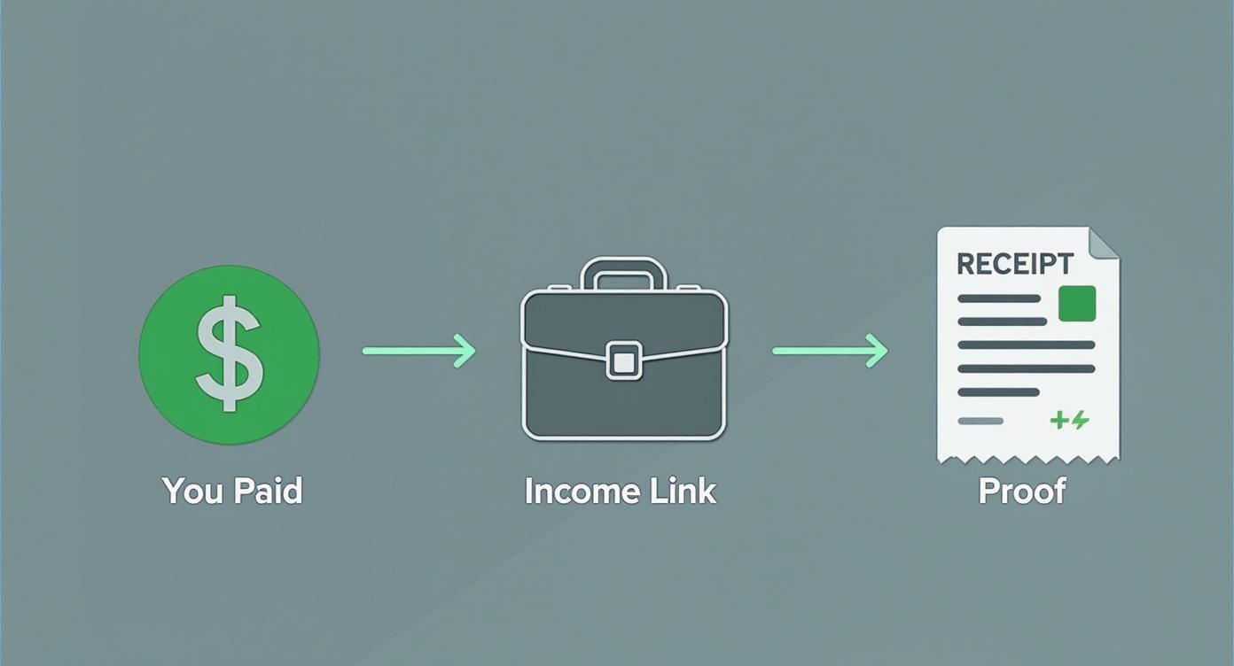A diagram illustrates a financial flow: 'You Paid' (dollar sign) to 'Income Link' (briefcase) to 'Proof' (receipt).