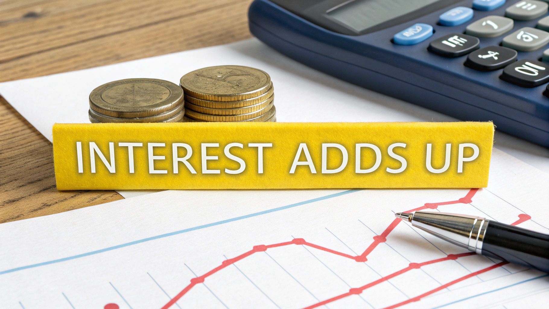 A yellow sign says 'INTEREST ADDS UP' near coins, a calculator, a financial graph, and a pen.