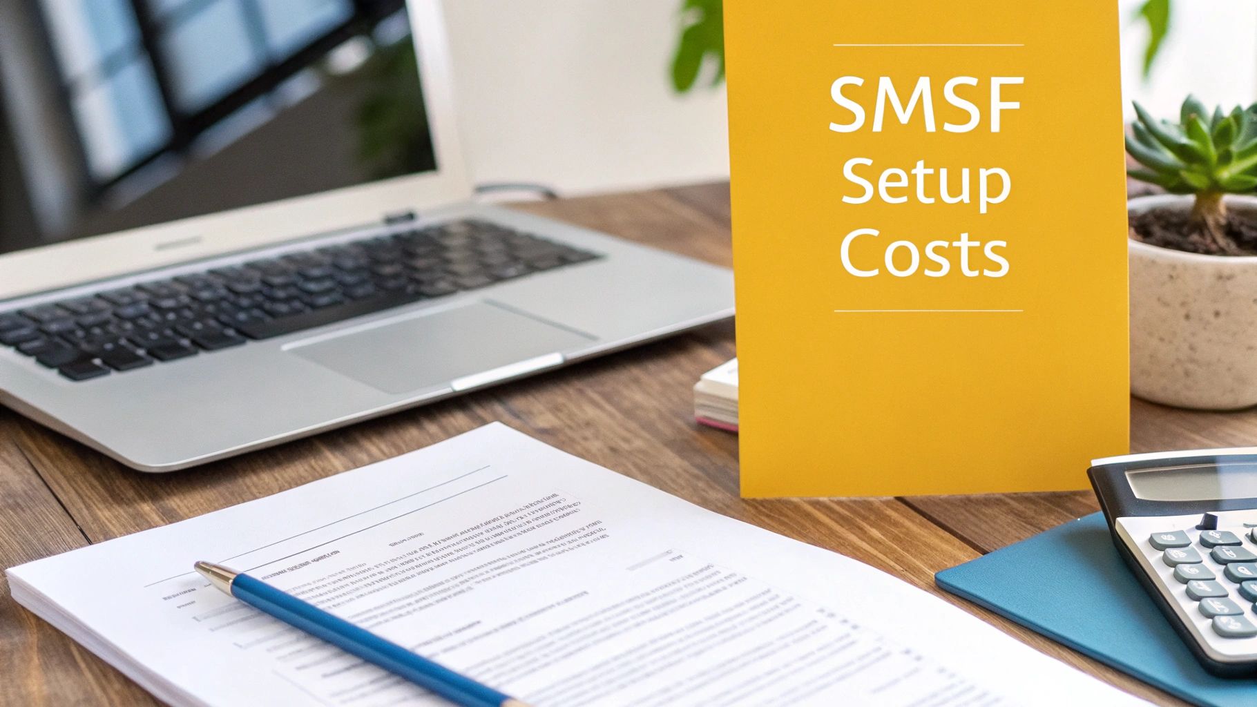 Desk with 'SMSF Setup Costs' folder, documents, pen, laptop, and calculator, for financial planning.
