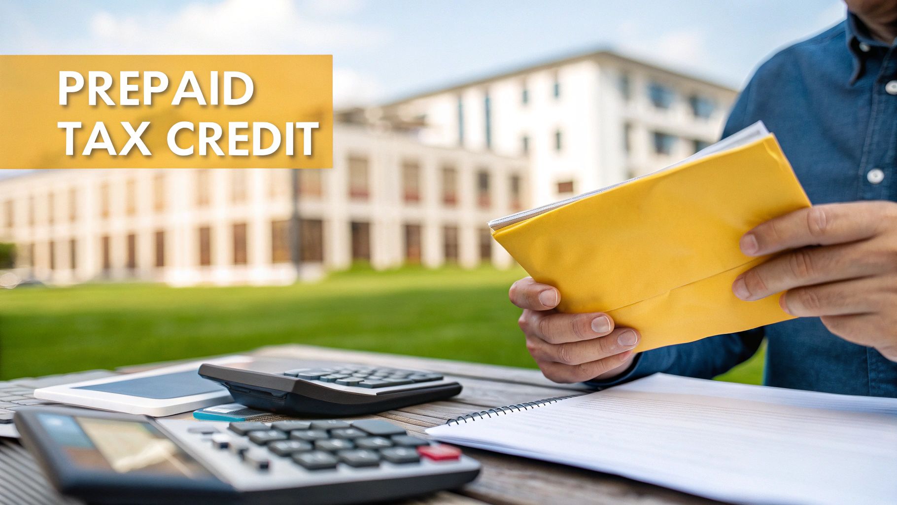 A person holds a yellow envelope, calculating tax details with 'PREPAID TAX CREDIT' text overlay.
