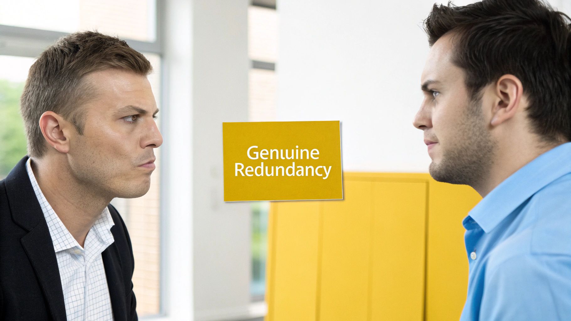 Two men in an office, looking seriously at each other with a 'Genuine Redundancy' note.