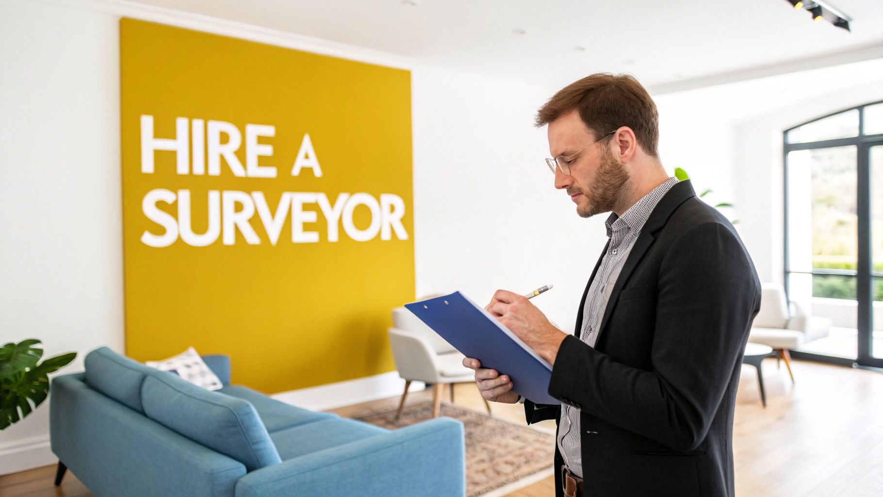 Professional surveyor in business attire reviewing property inspection notes on clipboard in modern office