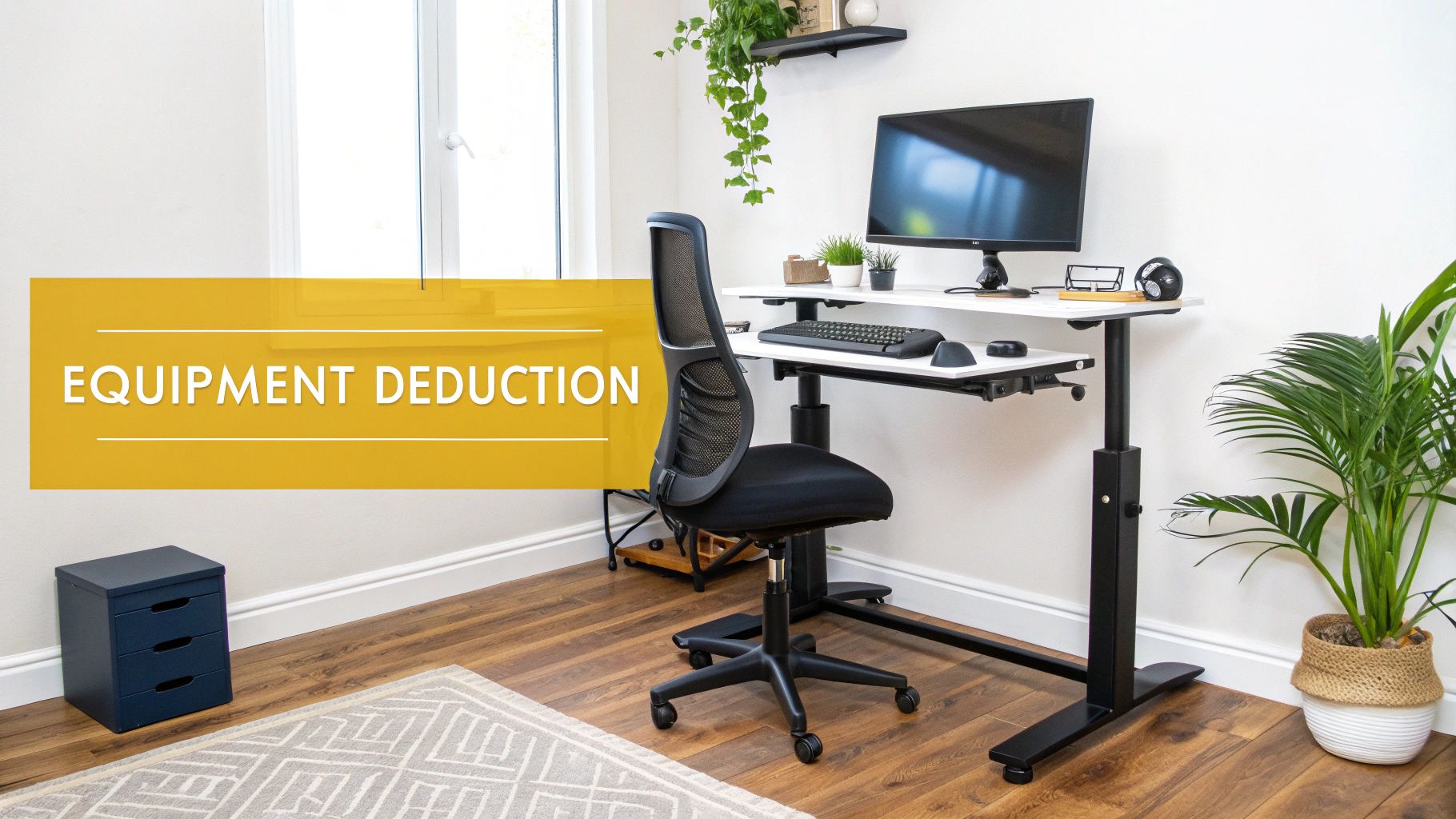 Modern home office setup with an ergonomic chair, standing desk, computer, plants, and 'EQUIPMENT DEDUCTION' banner.