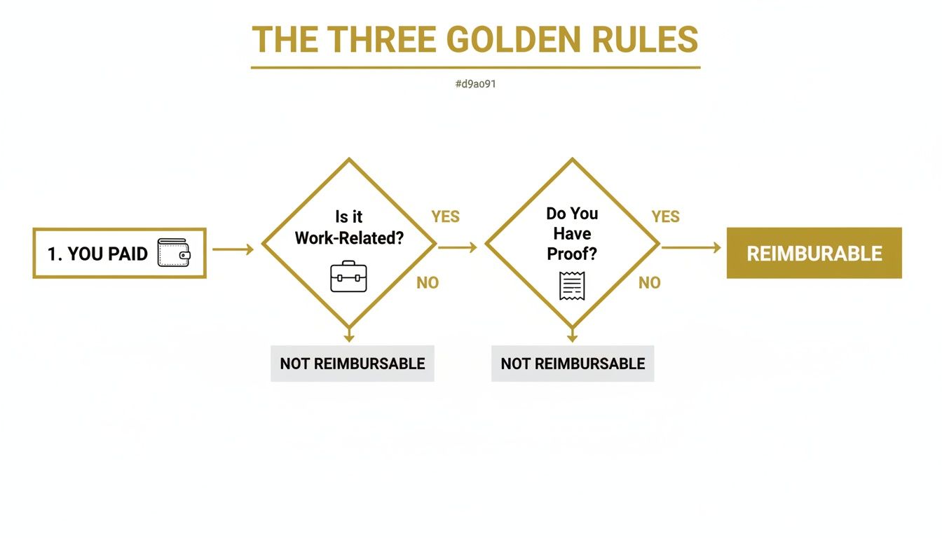 Flowchart titled 'The Three Golden Rules' outlining steps for expense reimbursement: You Paid, Is it Work-Related?, Do You Have Proof? leading to Reimbursable or Not Reimbursable.