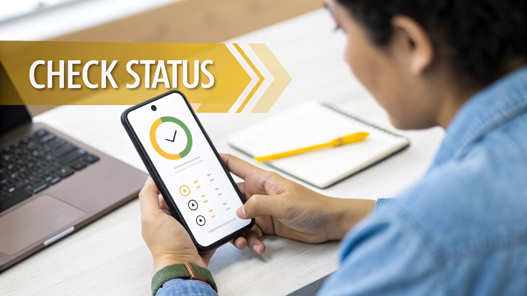 Person using a smartphone to check status with a progress app, laptop and notebook on desk.