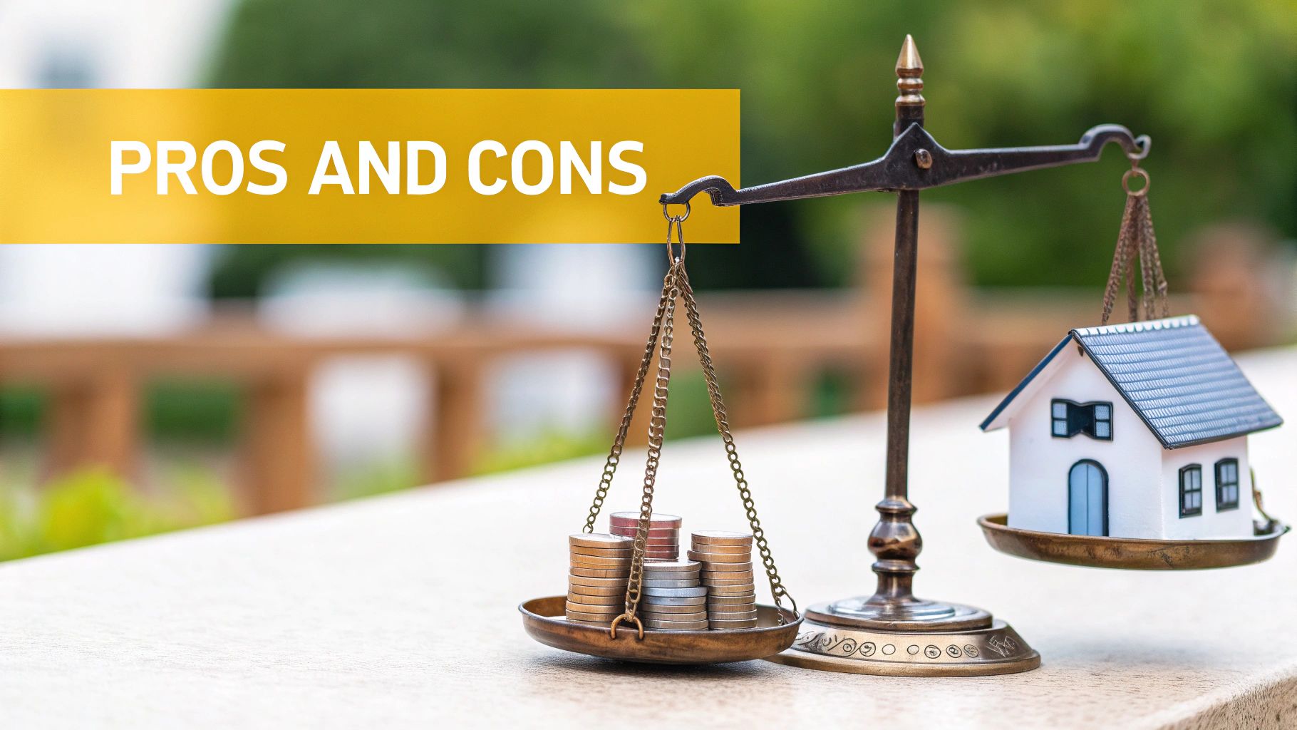 A scale balances a miniature house and stacks of coins, with a 'PROS AND CONS' banner.